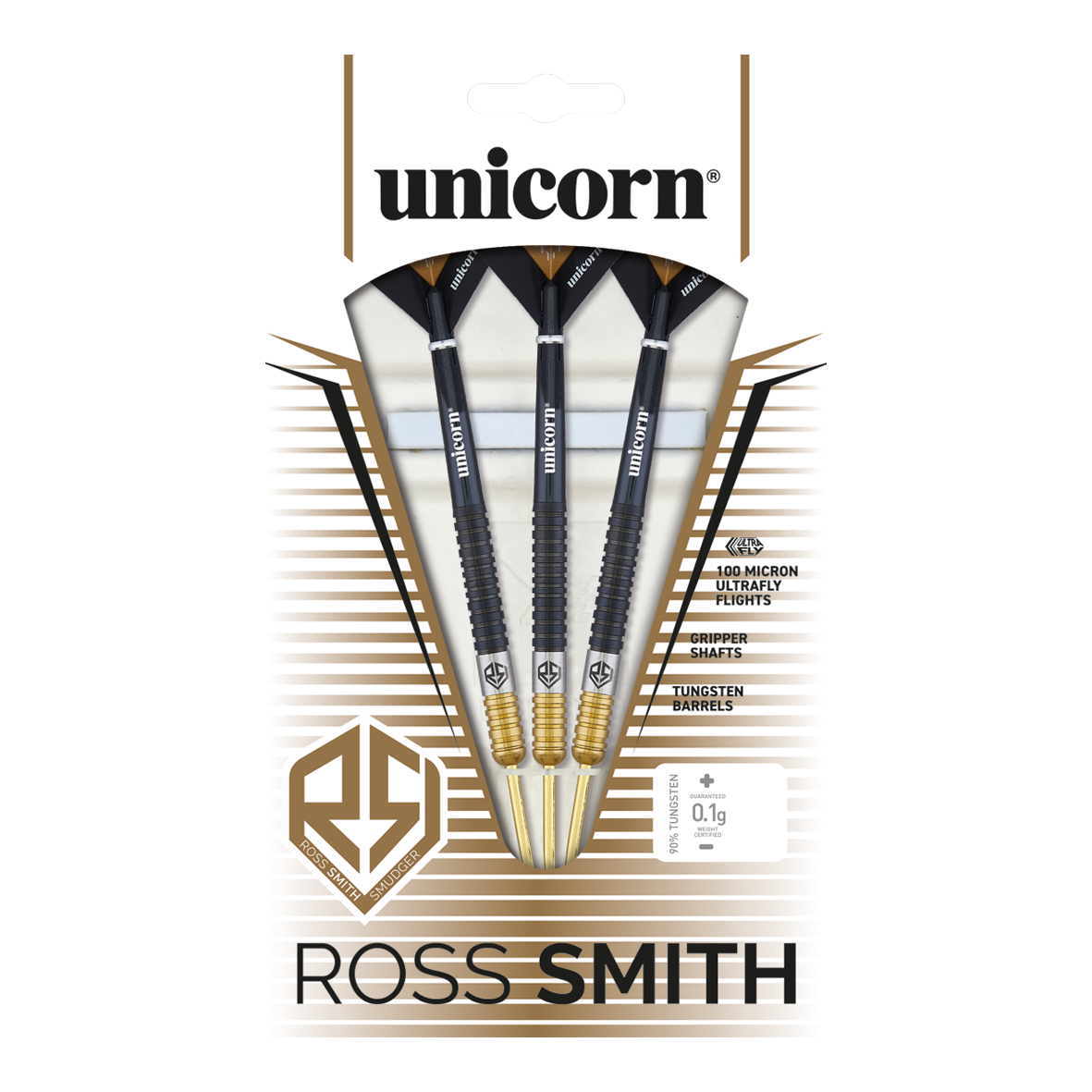 Šipky Unicorn Ross Smith dvoubarevné ocelové Das Bild zeigt die Unicorn Ross Smith Two-Tone Steeldarts in ihrer Verpackung. Die Verpackung hebt die Eigenschaften wie Gripper Shafts, 100 Micron Ultrafly Flights und Tungsten Barrels hervor.