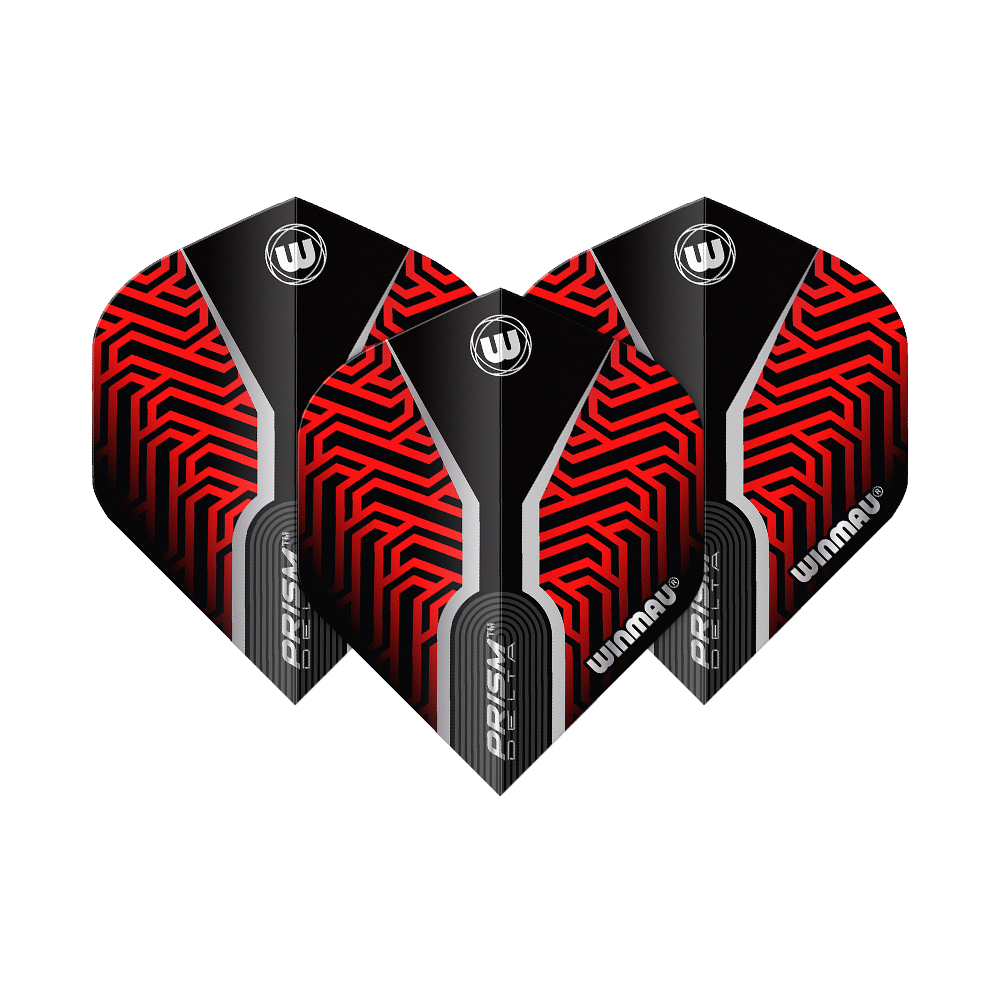 Das Bild zeigt drei Winmau Prism Delta Kairos No2 Standard Flights in Rot. Die Flights haben ein auffälliges rotes und schwarzes Muster mit weißen Akzenten.