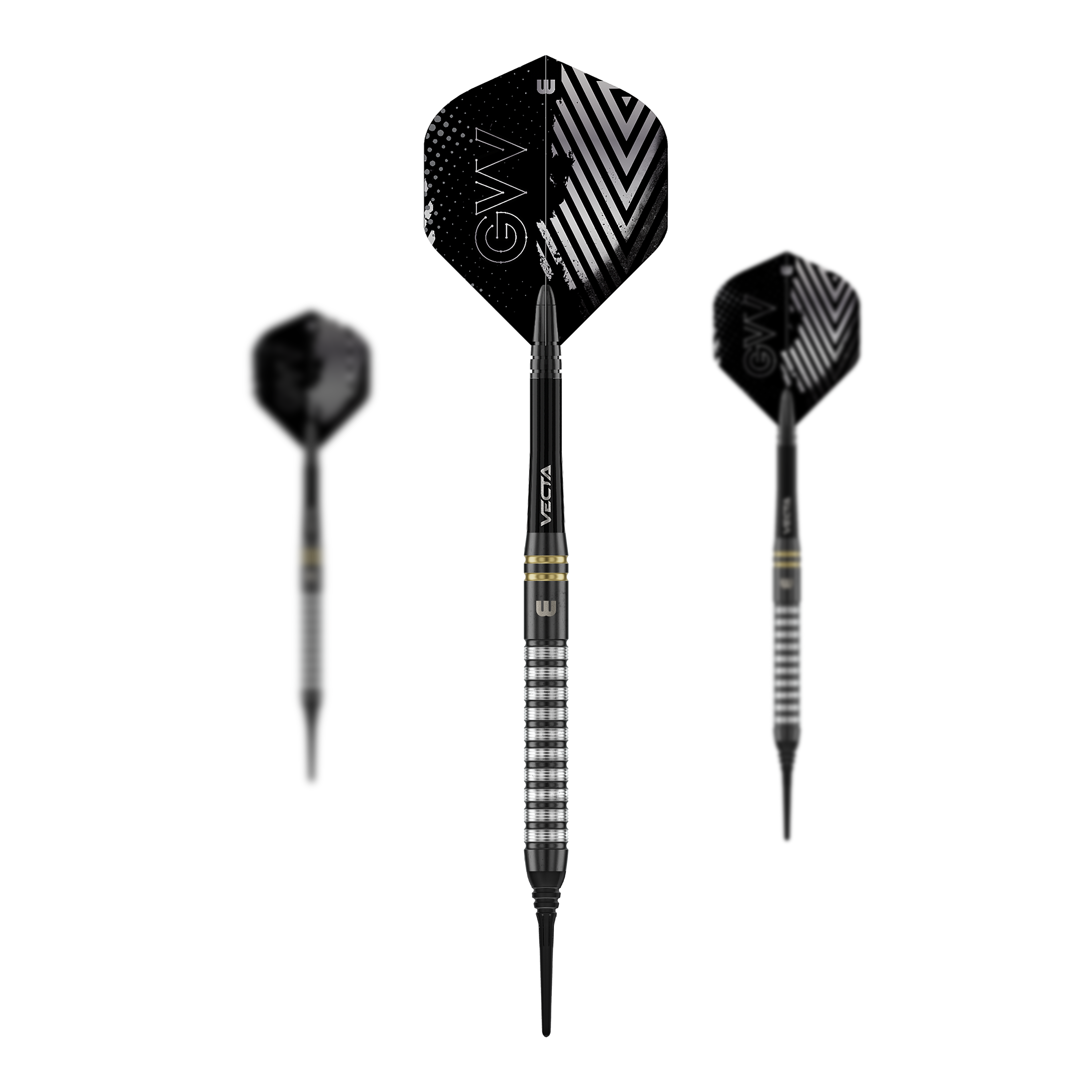 Das Foto zeigt ein Set der Winmau Gian Van Veen TS Softdarts 18g. Alle Darts liegen nebeneinander auf einer ebenen Fläche.