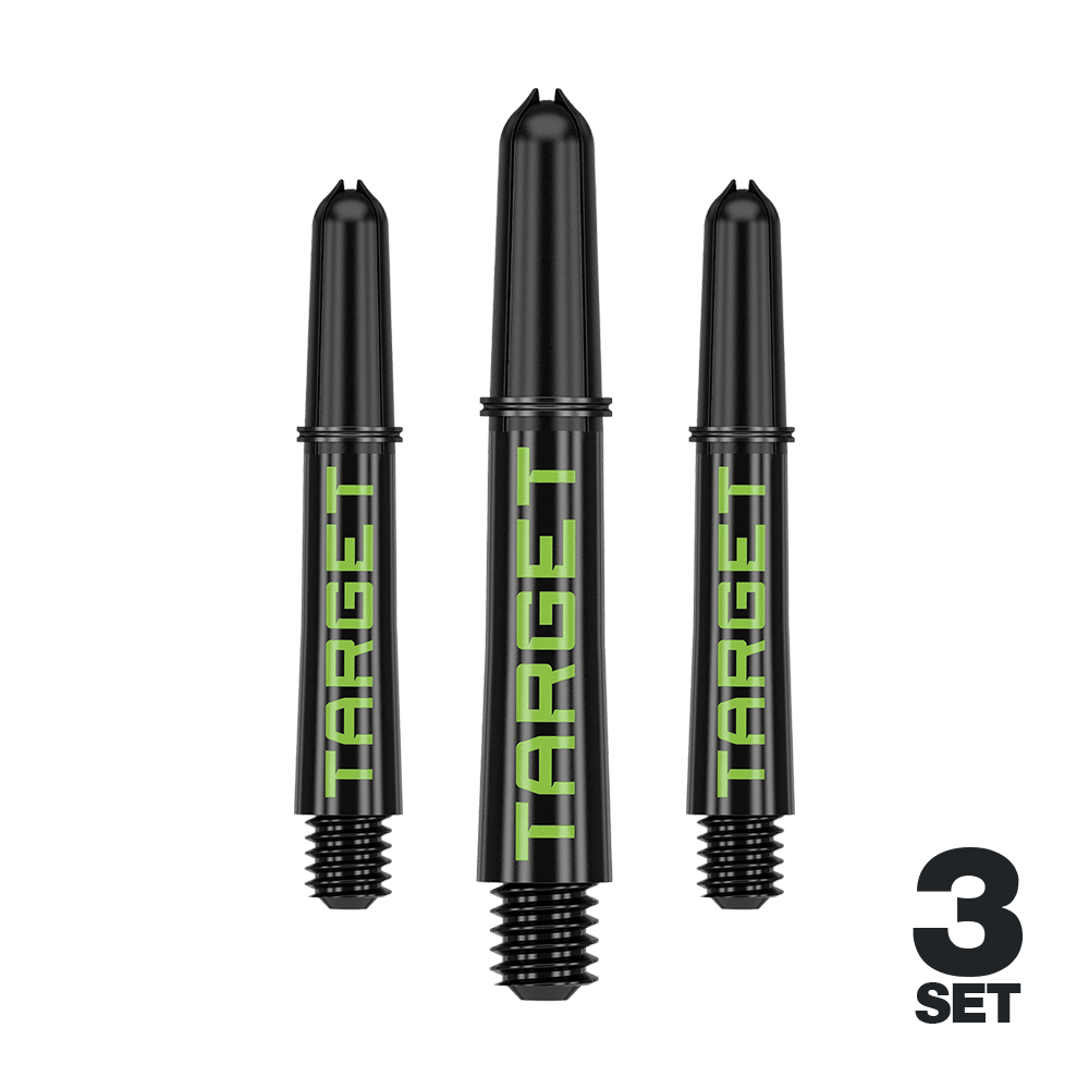 Target Pro Grip TAG Shafts - 3 sady - černo-zelené Auf dem Bild sind drei schwarze Dartschäfte mit grünem "TARGET"-Schriftzug zu sehen. Unten rechts steht "3 SET", was darauf hinweist, dass es sich um ein Set aus drei Stück handelt.