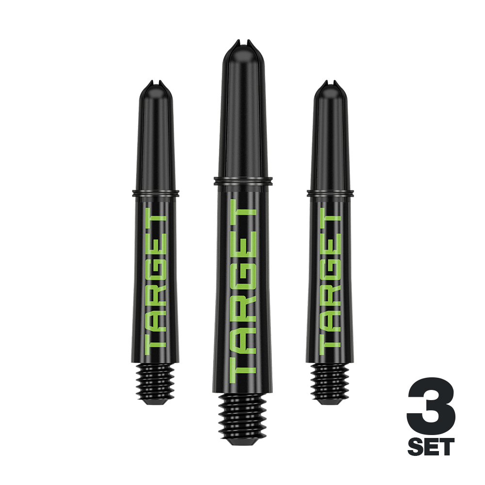 Target Pro Grip TAG Shafts - 3 sady - černo-zelené Drei Dart-Schäfte in schwarzer Optik mit farbigem Akzent sind dargestellt. Die glatte Oberfläche ist deutlich erkennbar.