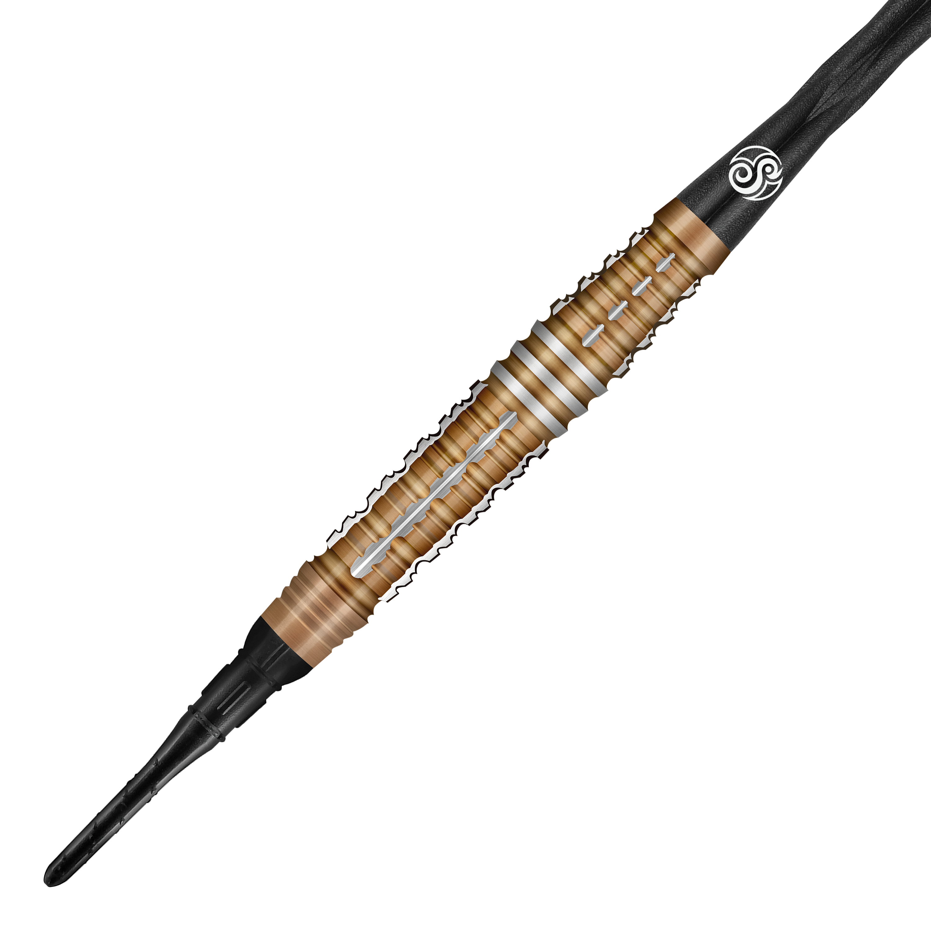 Auf dem Bild ist ein „Shot Future Knights Hachette Softdart“ mit einem Gewicht von 20g zu sehen. Der Dartpfeil hat einen gold-bronze­farbenen Schaft mit silbernen Rillen und eine schwarze Spitze.