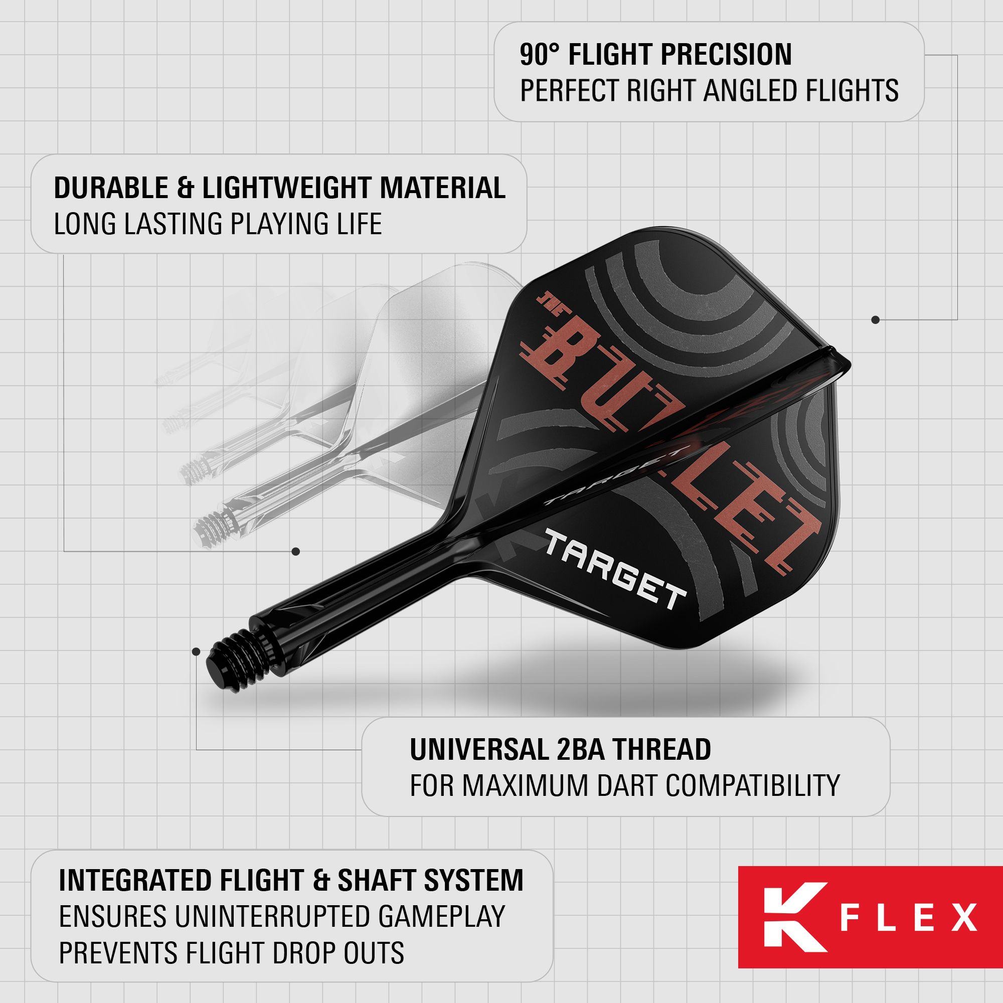 Target K-Flex Stephen Bunting No2 Standard Flight-Shaft-System Das Bild zeigt die Target K-Flex Stephen Bunting No2 Standard Flights mit integriertem Flight- und Shaft-System. Sie bestehen aus langlebigem, leichtem Material und bieten eine präzise 90° Flugposition.