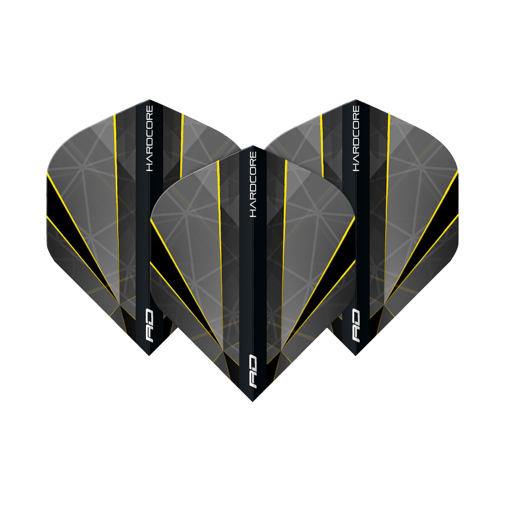Das Bild zeigt drei Dart-Flights des Modells „Red Dragon Hardcore Seren Onyx No2 Standard Flights“. Die Flights sind grau mit schwarzen und gelben Linien sowie der Aufschrift „HARDCORE“.