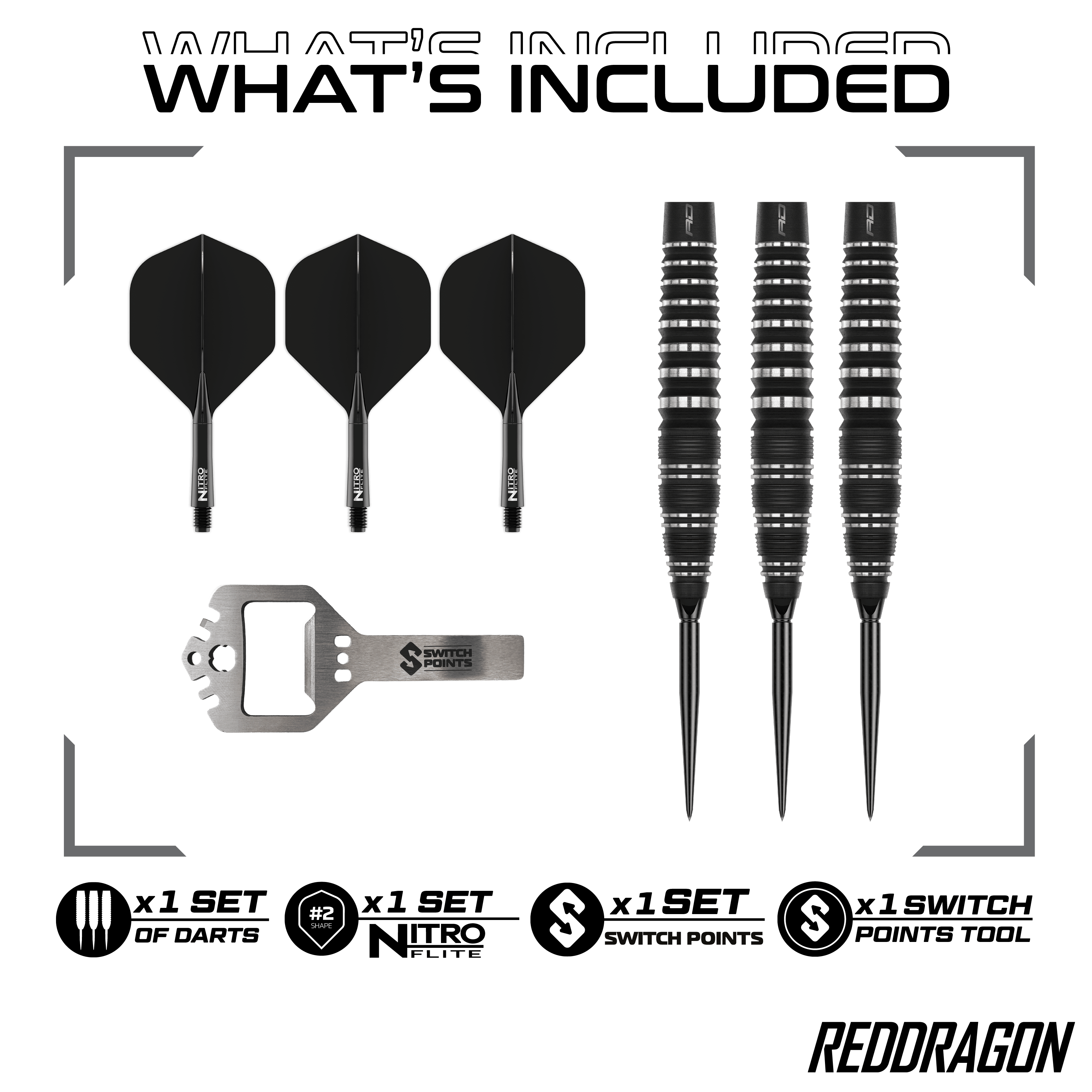 Das Bild zeigt die Red Dragon Sable Bomb Switch Point Steeldarts. Die Darts haben ein markantes Design und sind speziell für das Steeldartspiel entwickelt.