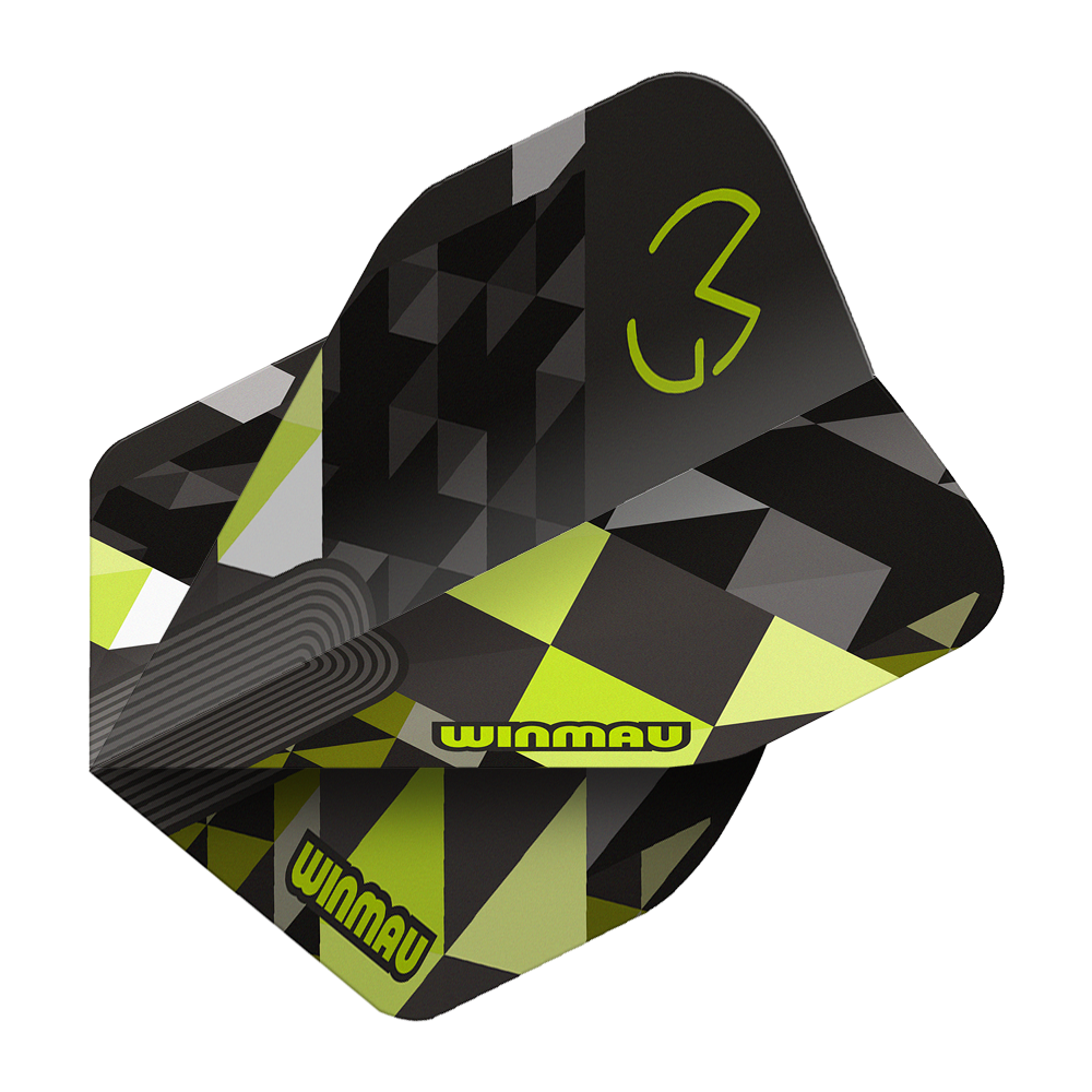 Das Bild stellt Winmau Prism Delta MvG Logo Green No2 Standard Flights dar. Grüne Dart-Flights mit einem markanten Logo sind abgebildet.