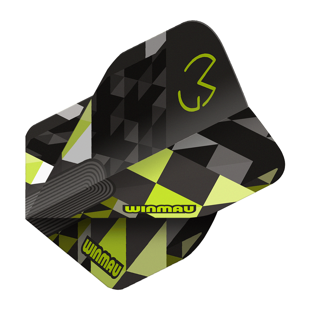 Letky Winmau Prism Delta MvG Logo Green No2 Standard Das Bild stellt Winmau Prism Delta MvG Logo Green No2 Standard Flights dar. Grüne Dart-Flights mit einem markanten Logo sind abgebildet.