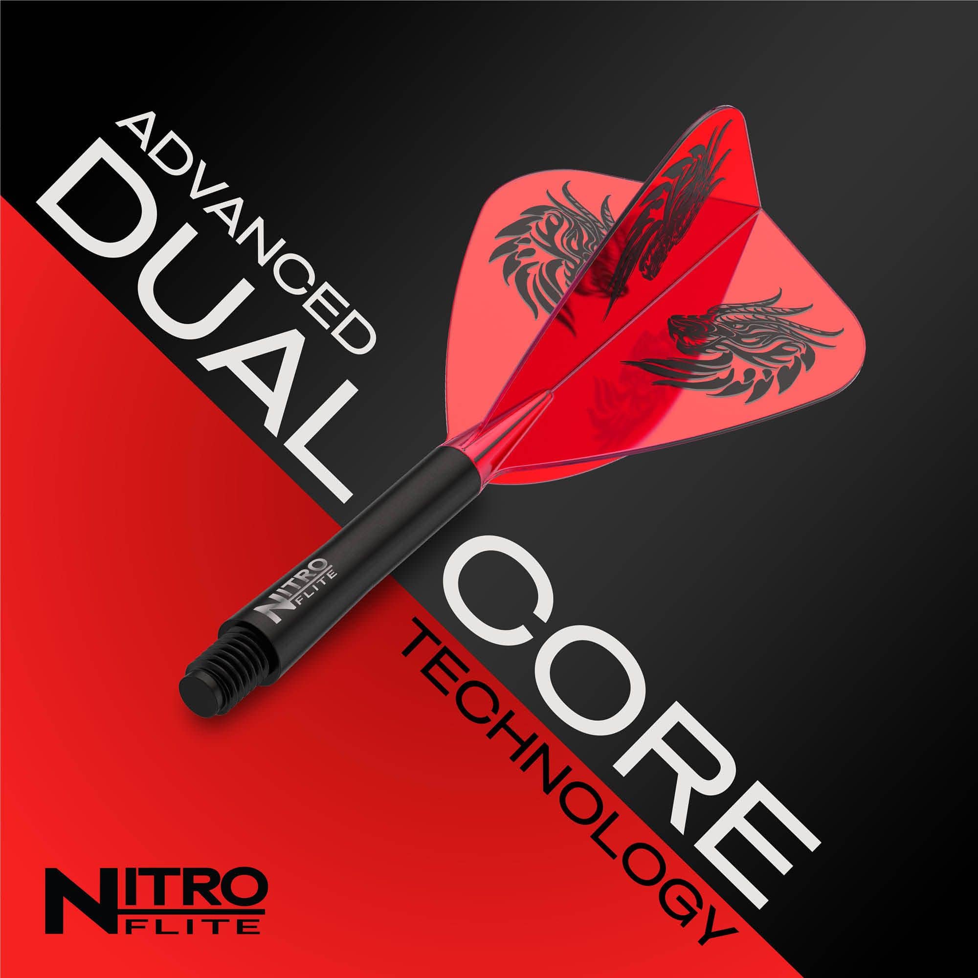 Das Bild zeigt einen Red Dragon Nitro Flite - Jonny Clayton Kite Flight. Dieser Flight hat eine eigene Form und ist mit einem speziellen Muster gestaltet.