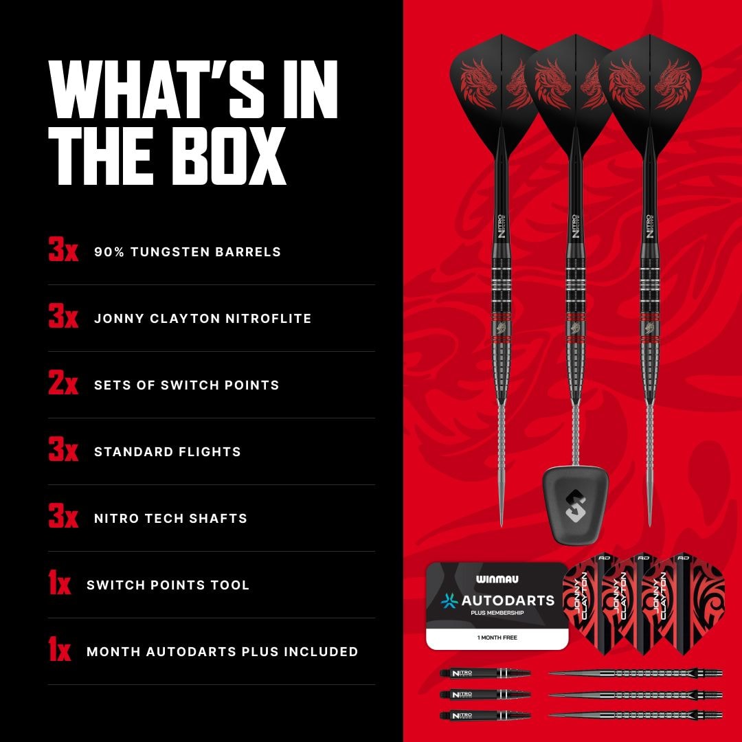 Ocelové šipky Red Dragon Jonny Clayton RD-ULTRA Switch Point - 22g Das Foto zeigt die Red Dragon Jonny Clayton RD-ULTRA Switch Point Steeldarts mit einem Gewicht von 22 Gramm. Die Darts werden im Detail präsentiert.
