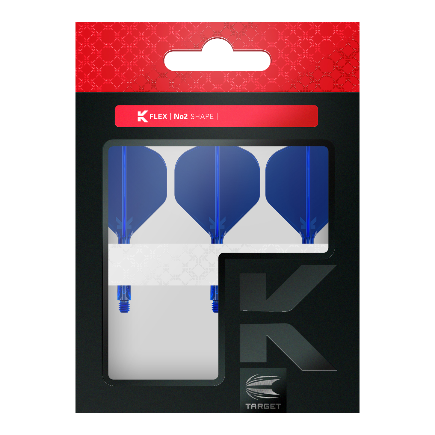 Standardní letový systém Target K-Flex No2 - modrý Die Verpackung enthält drei blaue Dart-Flights im No2-Standard-Format von der Marke Target. Im oberen Bereich steht "K Flex | No2 Shape" auf einem roten Streifen.