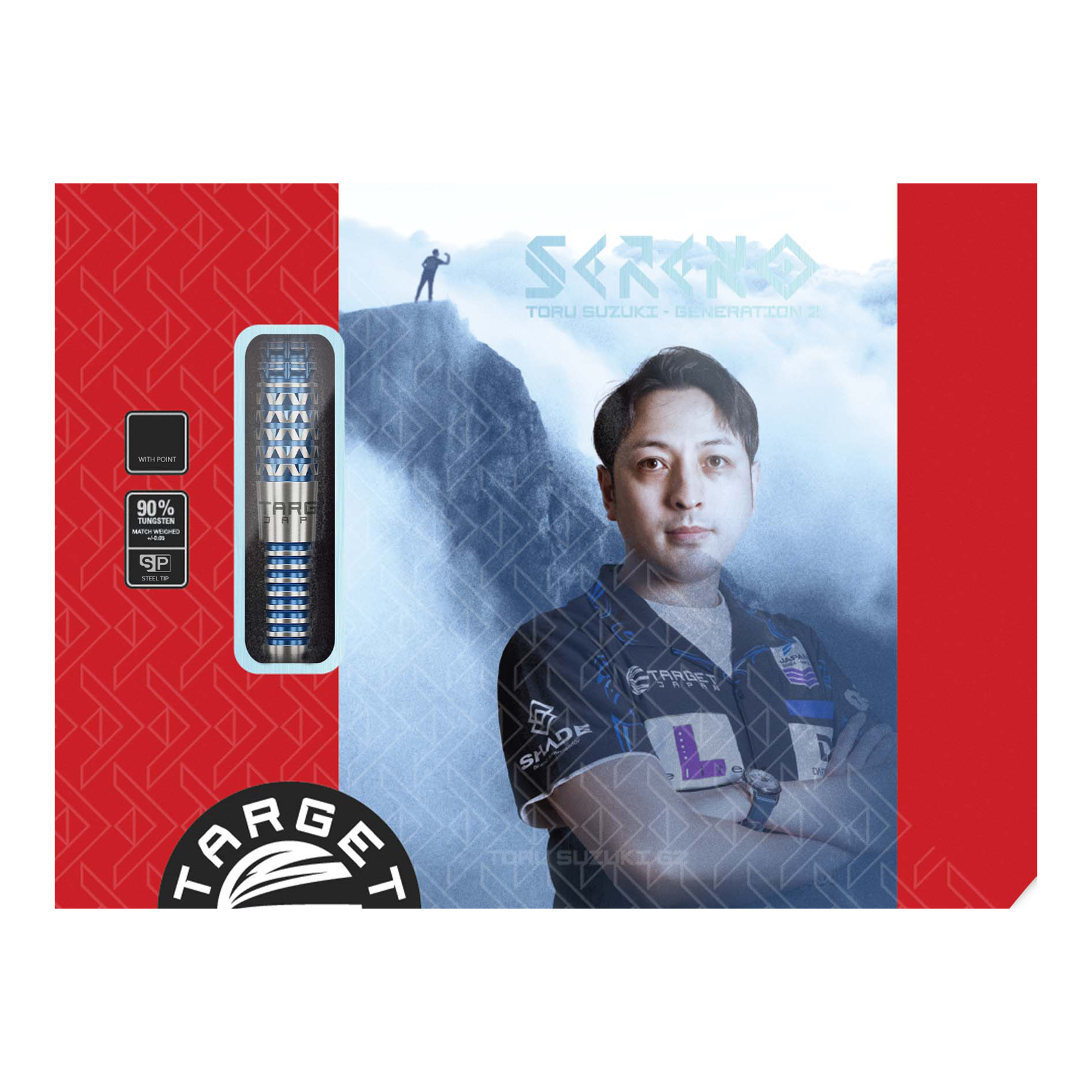 Die Verpackung zeigt die Target Japan Toru Suzuki Sereno GEN2 Swiss Point Steeldarts. Auf der Vorderseite ist ein Bild von Toru Suzuki neben den Darts zu sehen.
