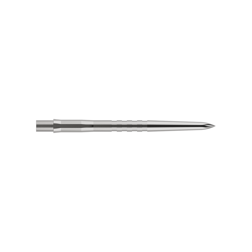 Špičky na šipky Mission Caliburn EVO - drážkované - stříbrné Auf dem Bild ist eine silberne, gerillte Steeldartspitze zu sehen. Sie ist schmal, lang und misst 32 mm in der Länge.