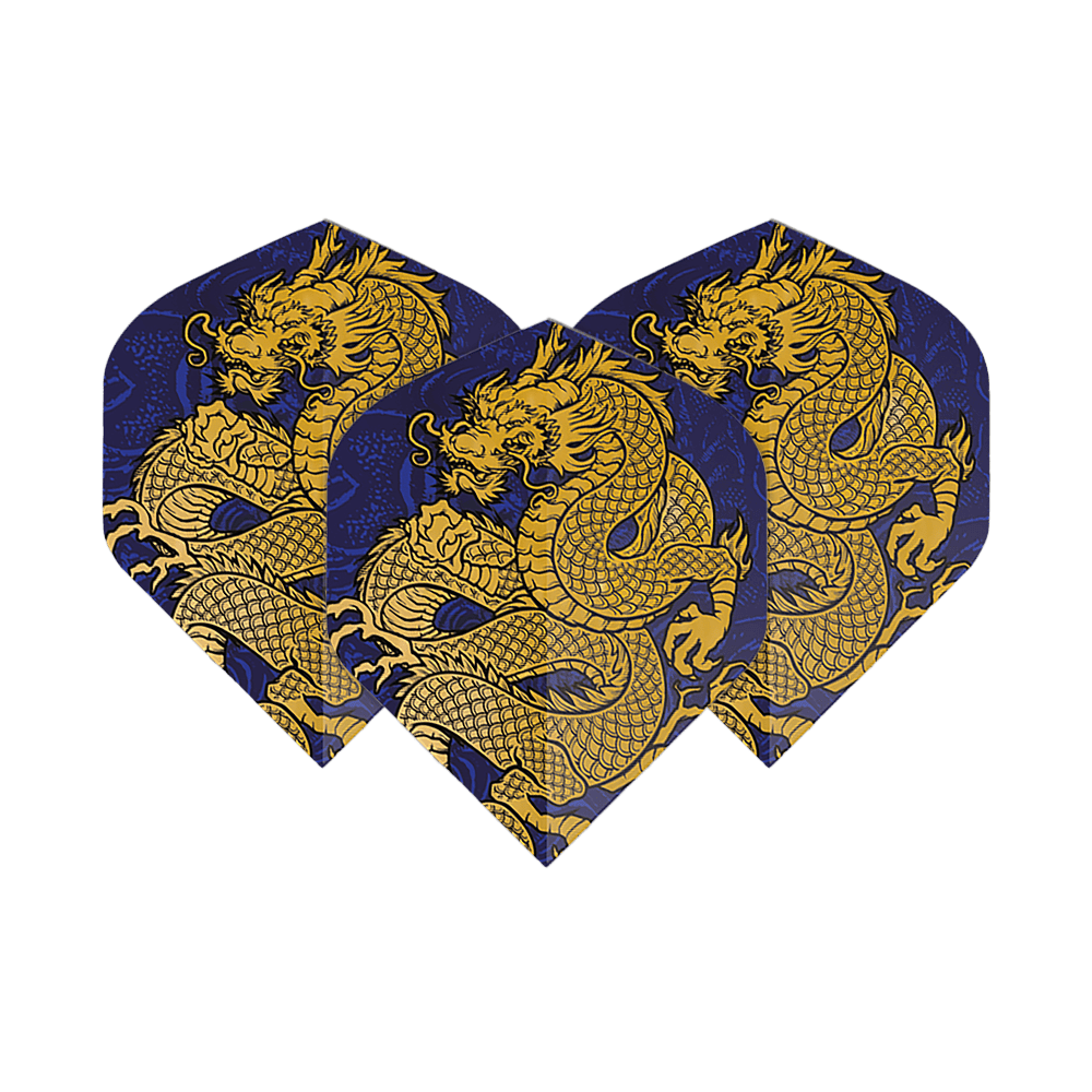Pentathlonové lety Dragon blue Auf dem Bild sind drei Dartflights mit einem auffälligen goldenen Drachendesign auf dunkelblauem Hintergrund zu sehen. Es handelt sich um die "Pentathlon Dragon 4 Standard Flights".