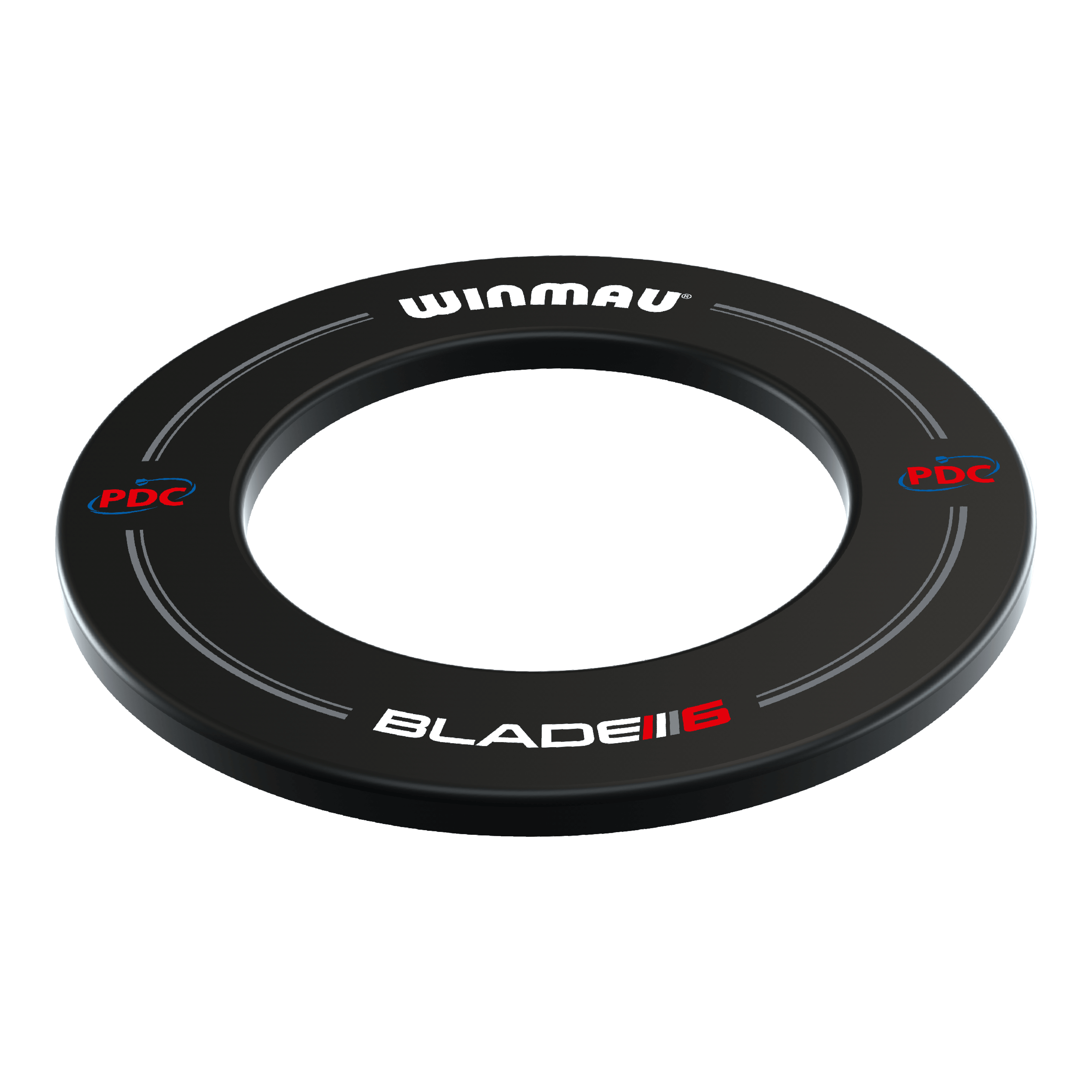 Winmau PDC Dartboard Surround – černá Das Bild zeigt einen schwarzen Winmau PDC Dartboard Surround. Auf dem Ring stehen die Worte "WINMAU", "BLADE 6" und "PDC" in weißer und roter Schrift.