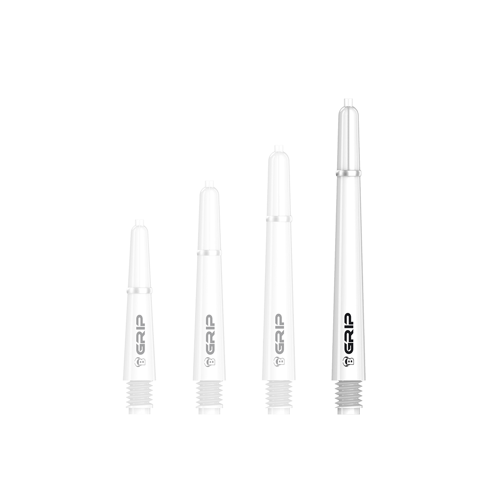 BS55059_Bulls_B-Grip-2_SL_Shafts_Weiss_48mm_1k5SyORvGaTRPf Das Bild zeigt vier weiße Dartschäfte des Modells "Bulls B-Grip-2 SL". Sie sind in unterschiedlichen Längen angeordnet und tragen den Aufdruck "GRIP".