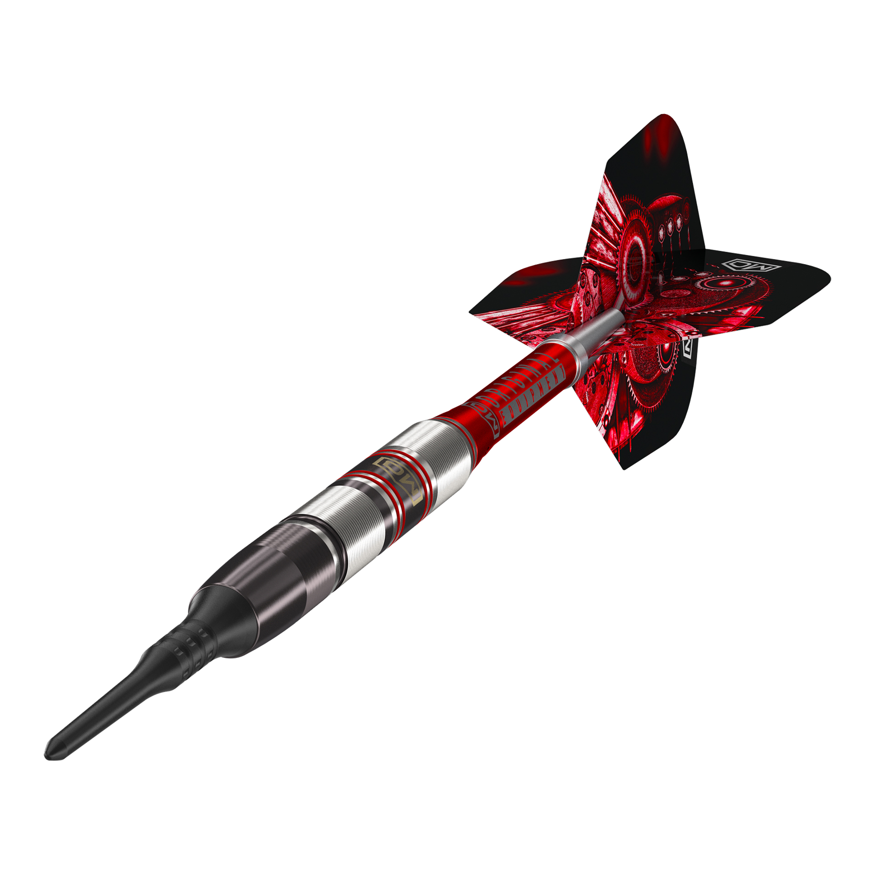 Šipky DW Piranha Razor 02 Softdarts Das Bild zeigt den DW Piranha Razor 02 Softdart. Der Dart hat ein modernes Design mit roten und silbernen Akzenten.