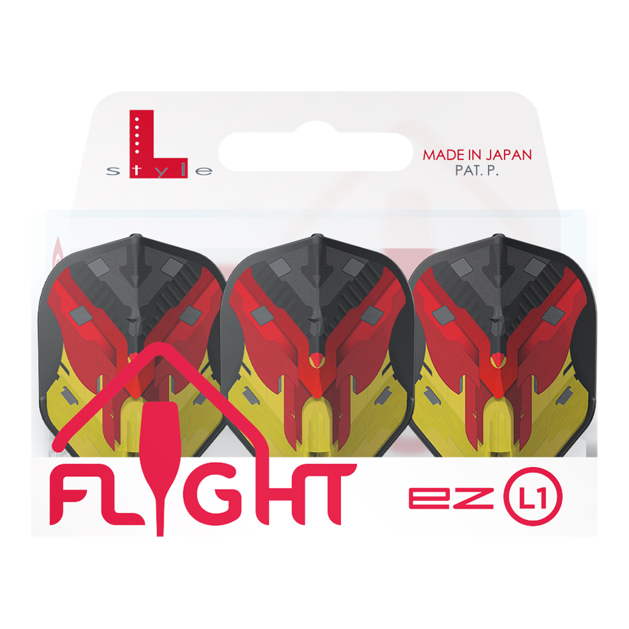 Das Bild zeigt eine Packung mit drei Dartflights in den Farben Schwarz, Rot und Gelb. Auf der Verpackung steht „FLIGHT ez L1“ und sie ist als „Made in Japan“ gekennzeichnet.