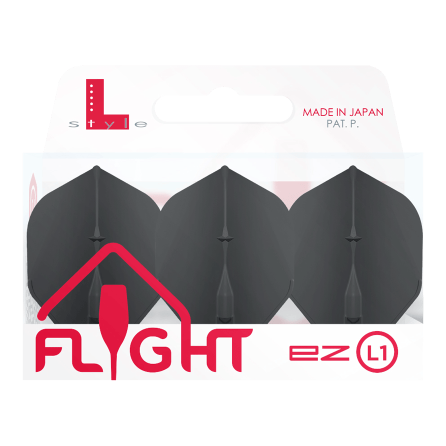 Standardní lety L-Style Champagne L1EZ Die Abbildung zeigt eine Packung mit L-Style Champagne L1EZ Standard Flights. In der Verpackung befinden sich drei schwarze Dartflights.