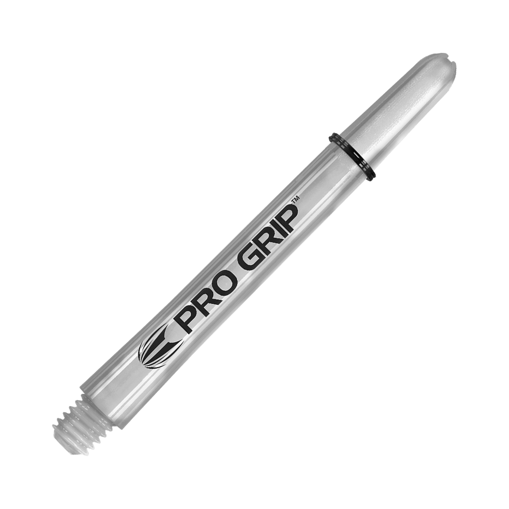 Target Pro Grip Shafts - 3 sady - Transparentní Das Bild zeigt einen transparenten "Pro Grip" Schafts für Darts. Der Schaft ist 48 mm lang und hat ein einfaches, klares Design.