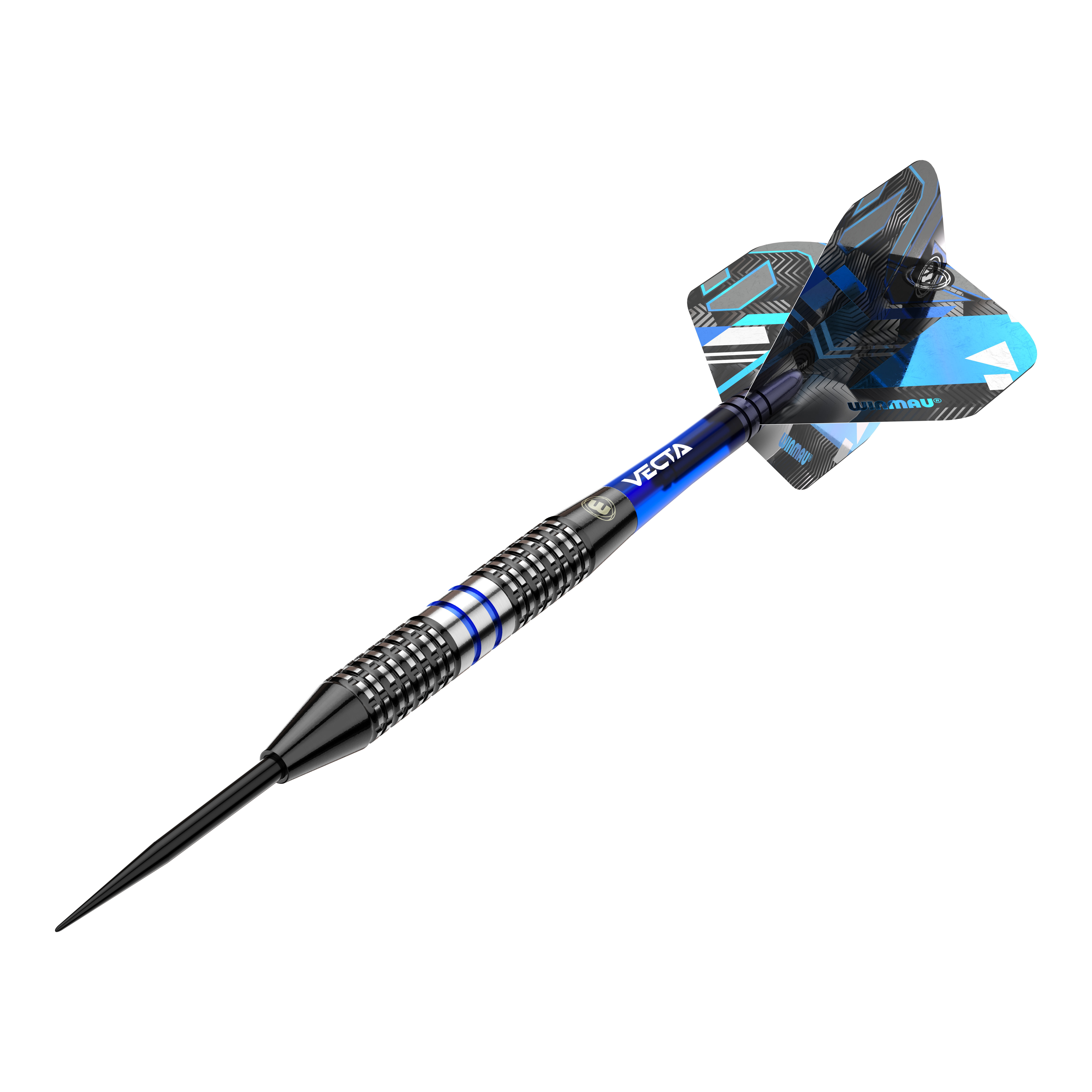 Ocelové šipky Winmau Galactics Das Bild zeigt einen Winmau Galactics Steeldart mit einem modernen Design. Der Dart hat blaue und silberne Akzente sowie ein auffälliges Flight-Muster.