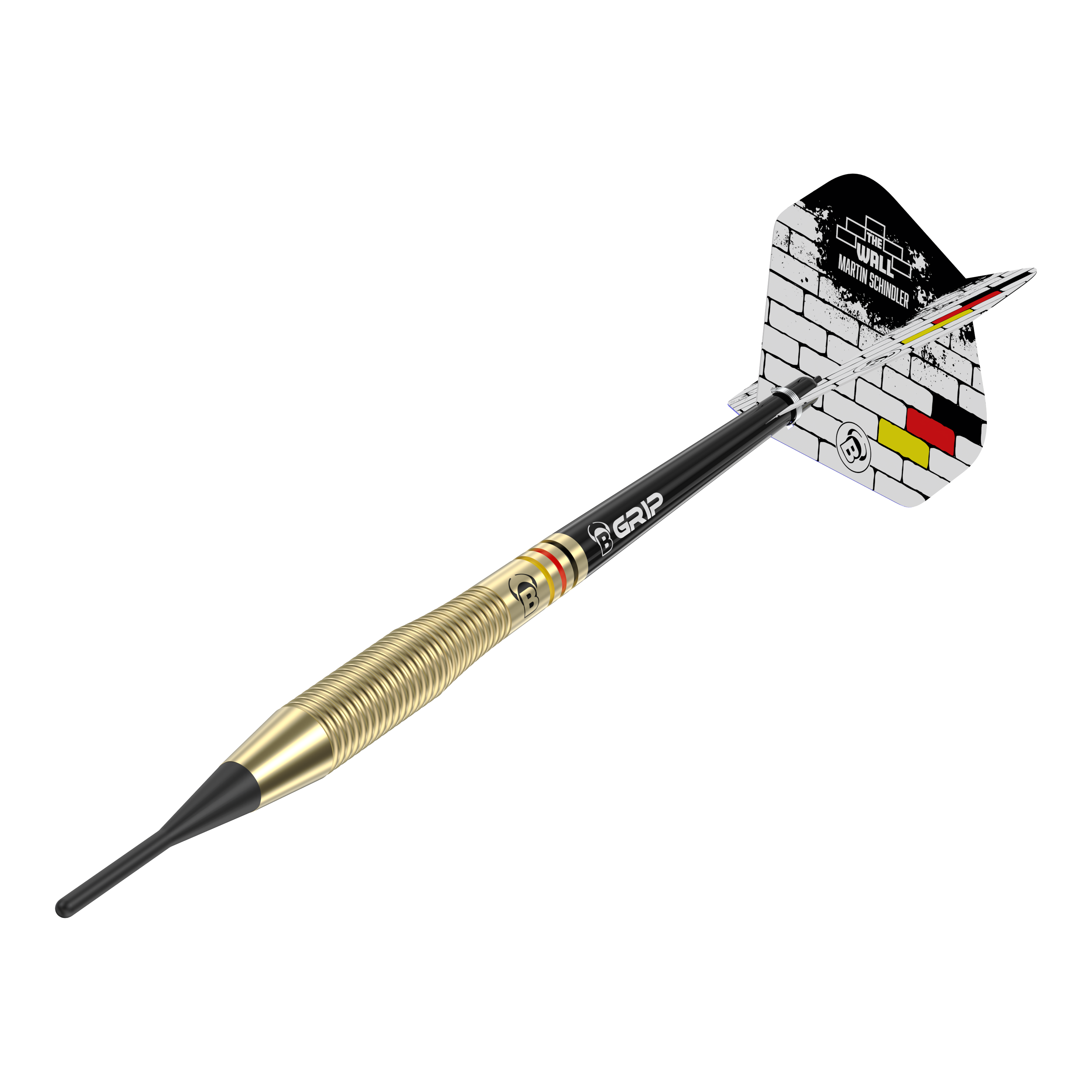 Šipky Bulls Martin Schindler The Wall Brass Softdarts - 18g Das Bild zeigt einen Softdart namens "Bulls Martin Schindler The Wall Brass Softdarts - 18g". Der Dart hat einen messingfarbenen Schaft und eine Flight mit einem weißen Mauer-Design und schwarz-rot-gelben Streifen.