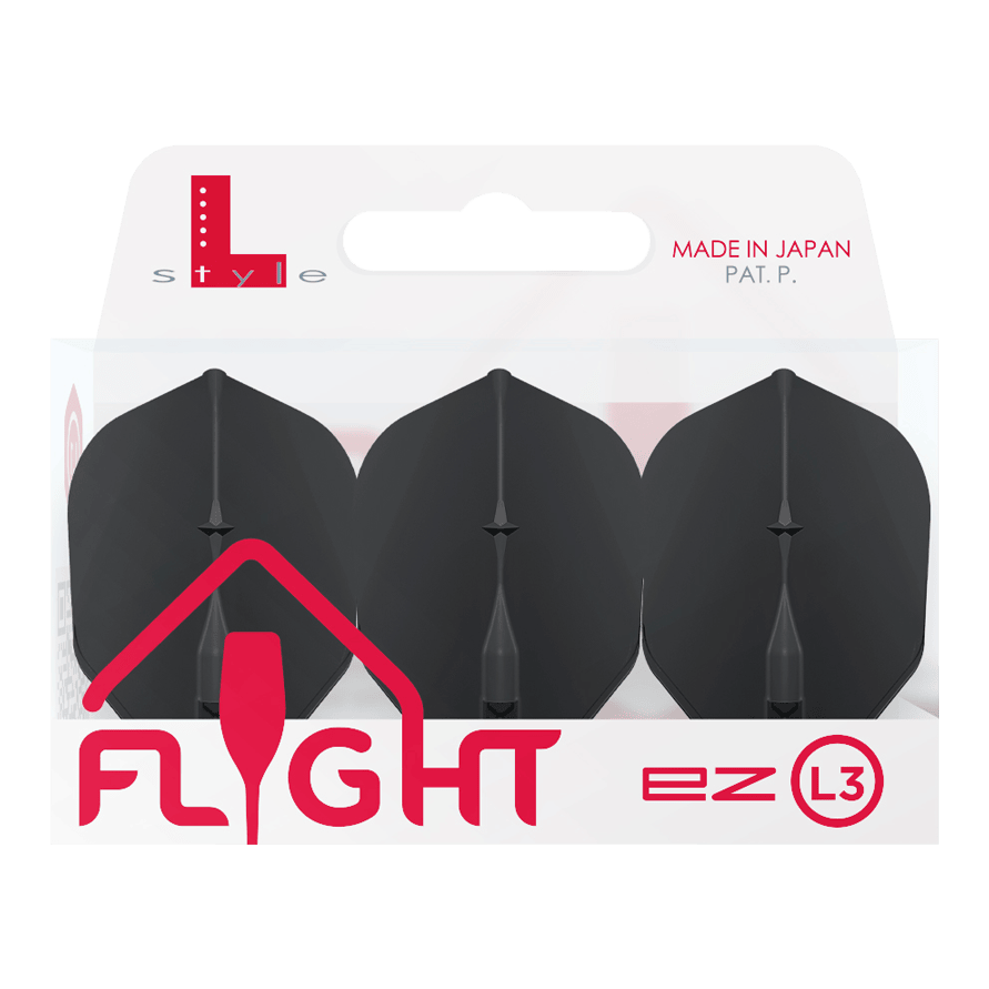 Lety L-L-Style3EZ Auf dem Bild ist eine Packung mit drei schwarzen Dartflights der Marke L-Style zu sehen. Die Verpackung trägt die Aufschrift „MADE IN JAPAN“ und „FLIGHT ez L3“.