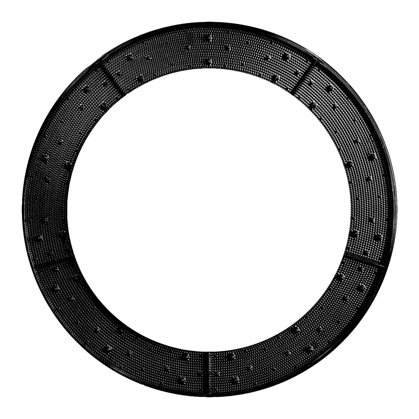 Náhradní díl Karella E-Master Das Bild zeigt einen schwarzen, ringförmigen Wurfkranz mit sichtbaren Noppen auf der Oberfläche. Der Ring ist in mehrere Segmente unterteilt.