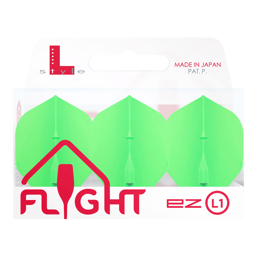 Standardní lety L-Style Champagne L1EZ Das Bild zeigt eine Packung der "L-Style Champagne L1EZ Standard Flights" in grün. Die Verpackung ist weiß und hebt hervor, dass das Produkt in Japan hergestellt wurde.