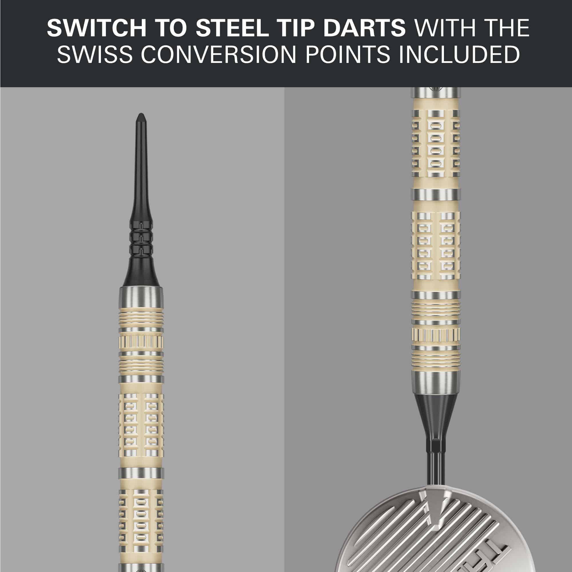 Abgebildet ist das Produkt Target Dimitri Van Den Bergh 95K Softdarts - 19g. Diese weichen Darts sind hochwertig verarbeitet und eignen sich für präzises Spiel.