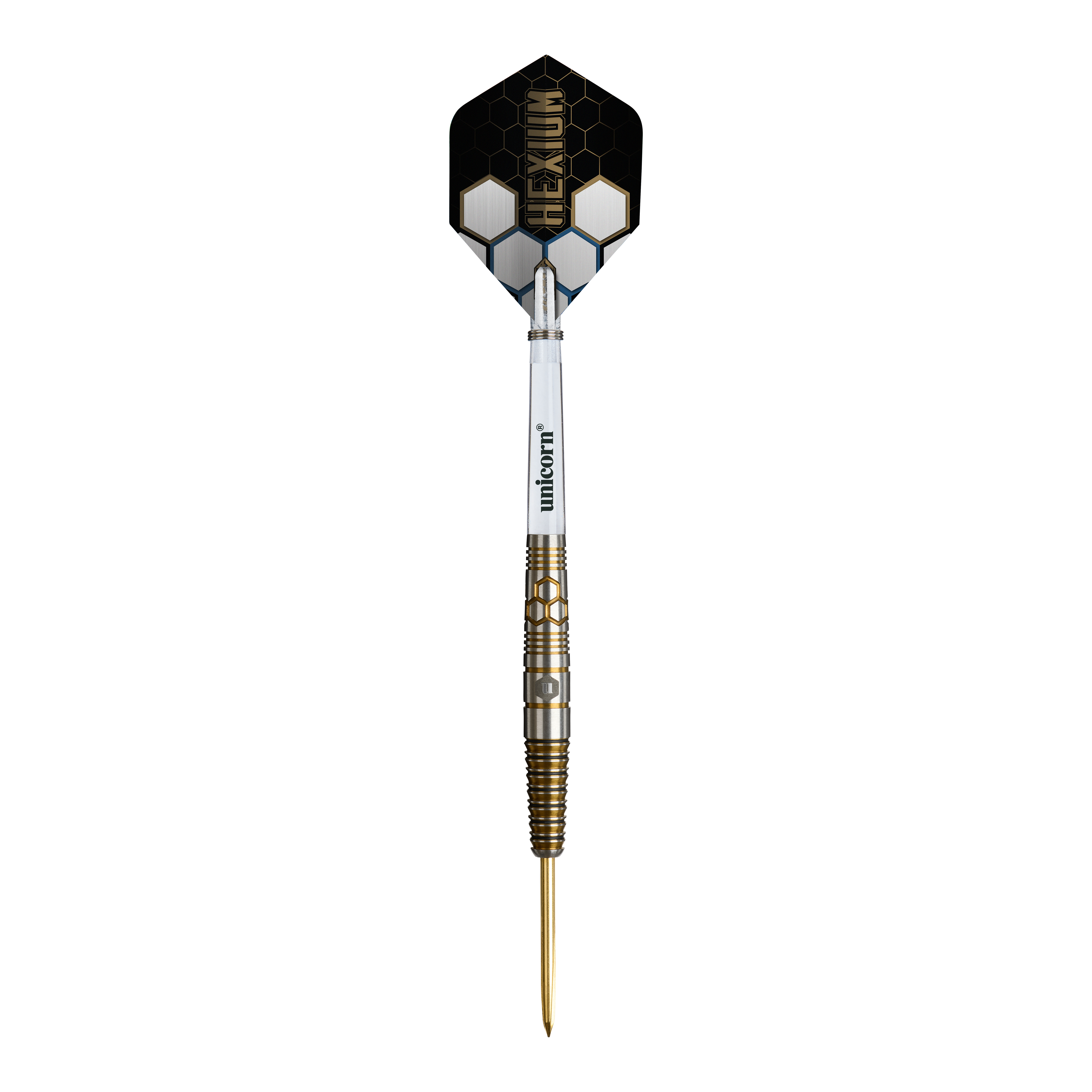 Ocelové šipky Unicorn Hexium Style 03 Zlaté a černé Unicorn Hexium Style 03 Gold & Black Steeldarts werden in dieser Abbildung dargestellt. Die besondere Gold-Schwarz-Optik hebt die Darts hervor.