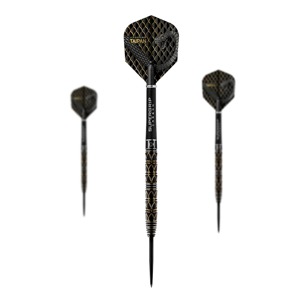 Harrows Taipan Steeldarts Das Bild zeigt drei Harrows Taipan Steeldarts mit einem schwarzen und goldenen Design. Die Darts haben eine strukturierte Oberfläche und moderne Flights.