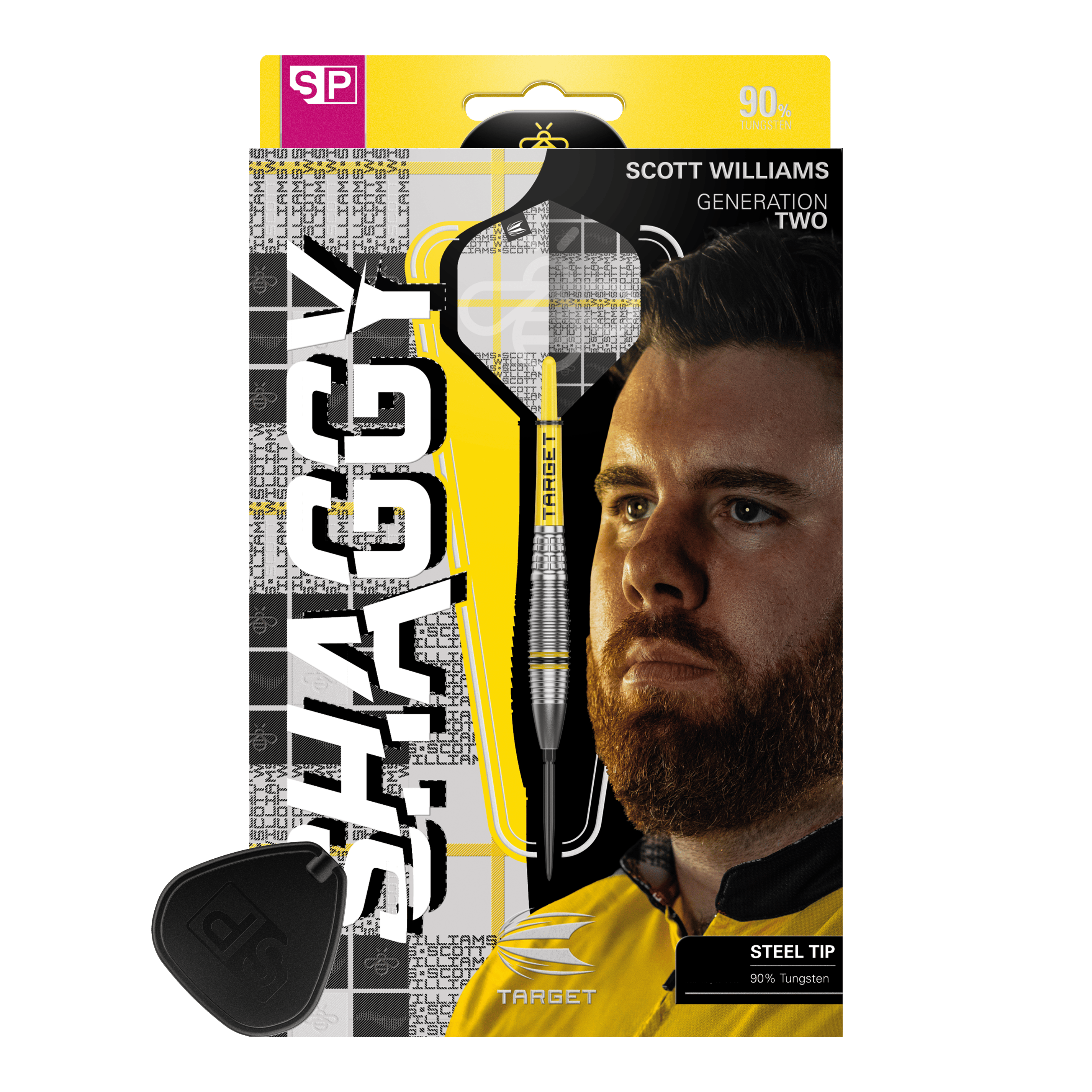 Ocelové šipky Target Scott Williams GEN2 Swiss Point Das Bild zeigt die Verpackung der Target Scott Williams GEN2 Swiss Point Steeldarts. Auf der Verpackung ist ein Porträt von Scott Williams und ein einzelner Dart mit Stahlspitze abgebildet.