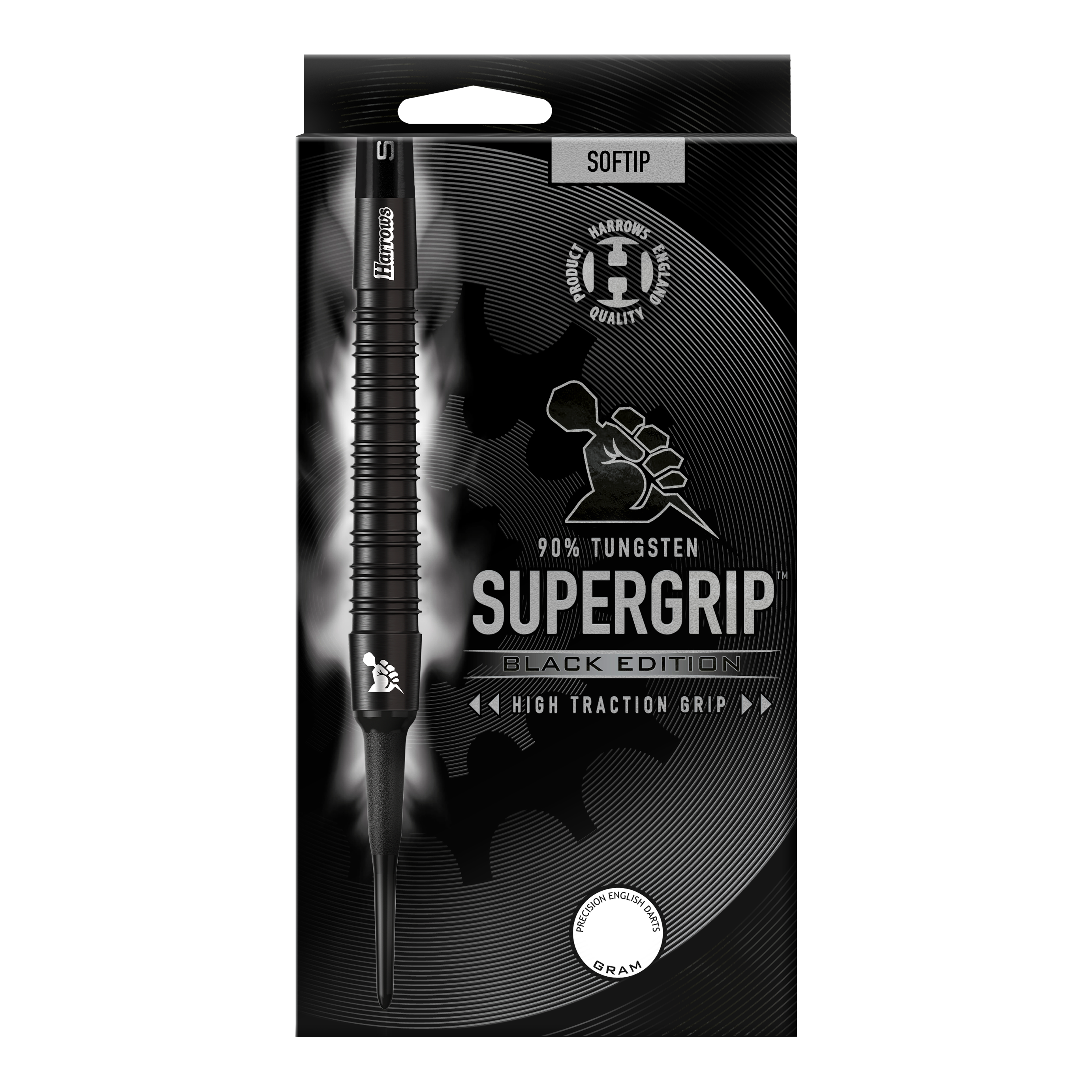 Měkké šipky Harrows Supergrip Black Edition Das Bild zeigt die Verpackung der "Harrows Supergrip Black-Edition Softdarts". Die Darts bestehen zu 90 % aus Tungsten und haben eine hohe Griffigkeit.