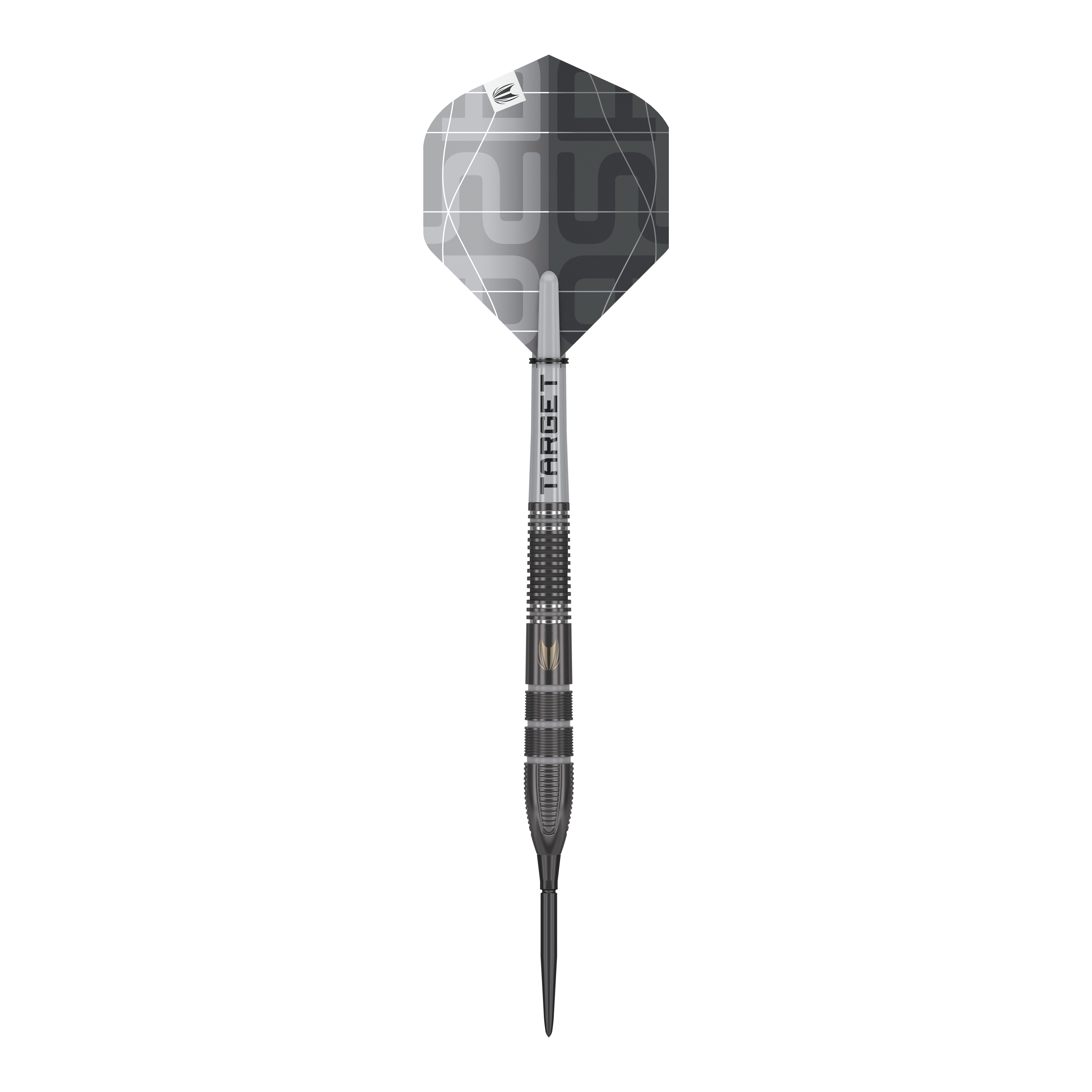 Ocelové šipky Target Nathan Aspinall X Echo Swiss Point Der "Target Nathan Aspinall X Echo Swiss Point Steeldarts" ist ein hochwertiger Steeldart in elegantem Schwarz-Grau-Design. Er besitzt eine fein gerillte Griffstruktur und moderne, geometrische Muster auf dem Flight.