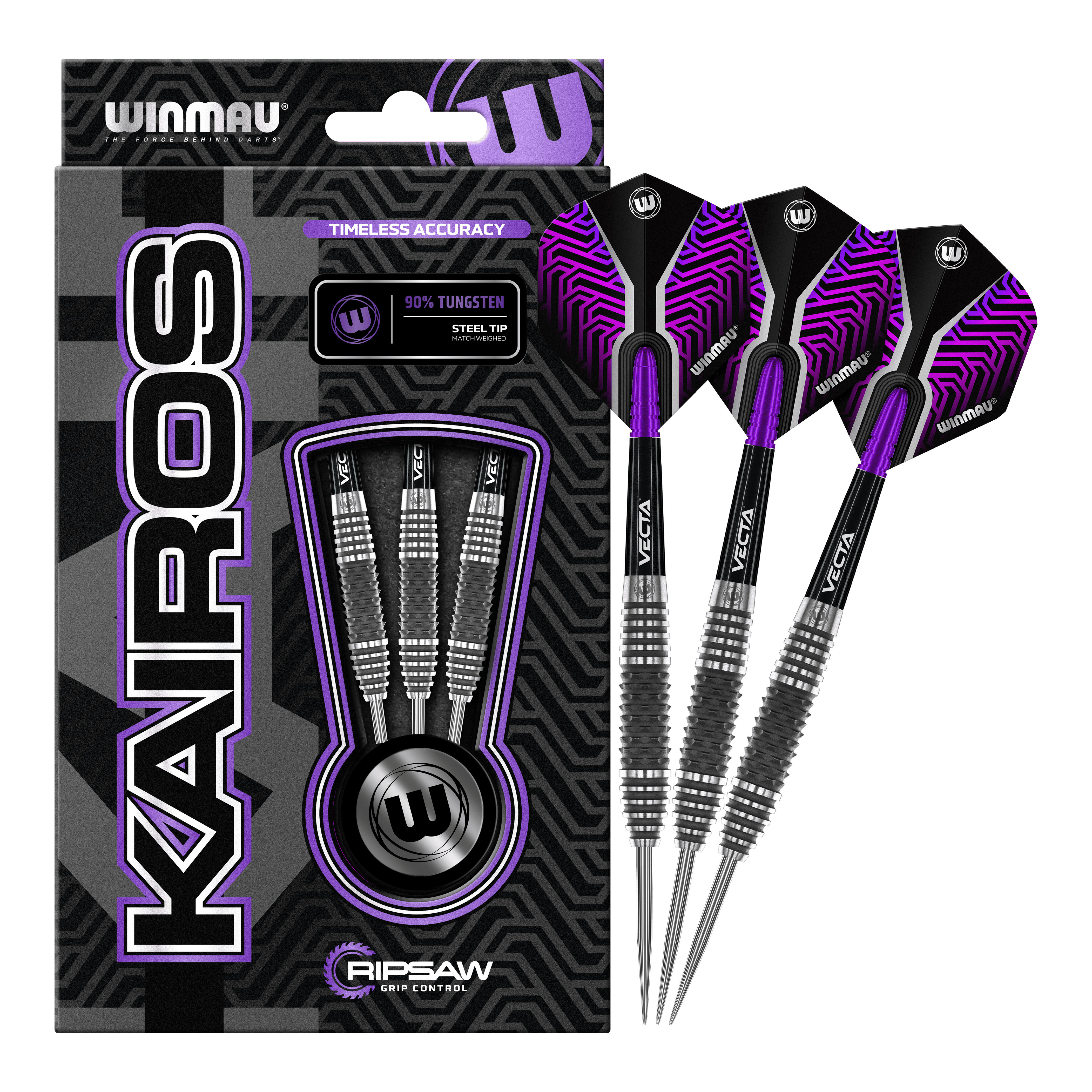Ocelové šipky Winmau Kairos 01 Das Bild zeigt eine Verpackung der "Winmau Kairos 01 Steeldarts" mit drei darin enthaltenen Darts. Die Darts haben ein modernes, schwarz-lila Design und sind als 90% Tungsten Stahldarts ausgewiesen.