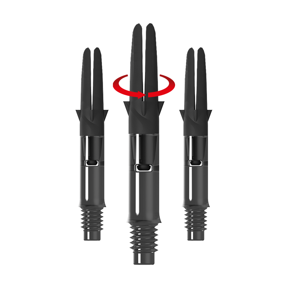 L-L-Style-Shaft Carbon Silent Straight - Černá Das Bild zeigt drei schwarze Carbon-Schaftsätze für Dartpfeile ohne Kappen. Über dem mittleren Schaft ist ein roter Pfeil, der eine Drehbewegung anzeigt.