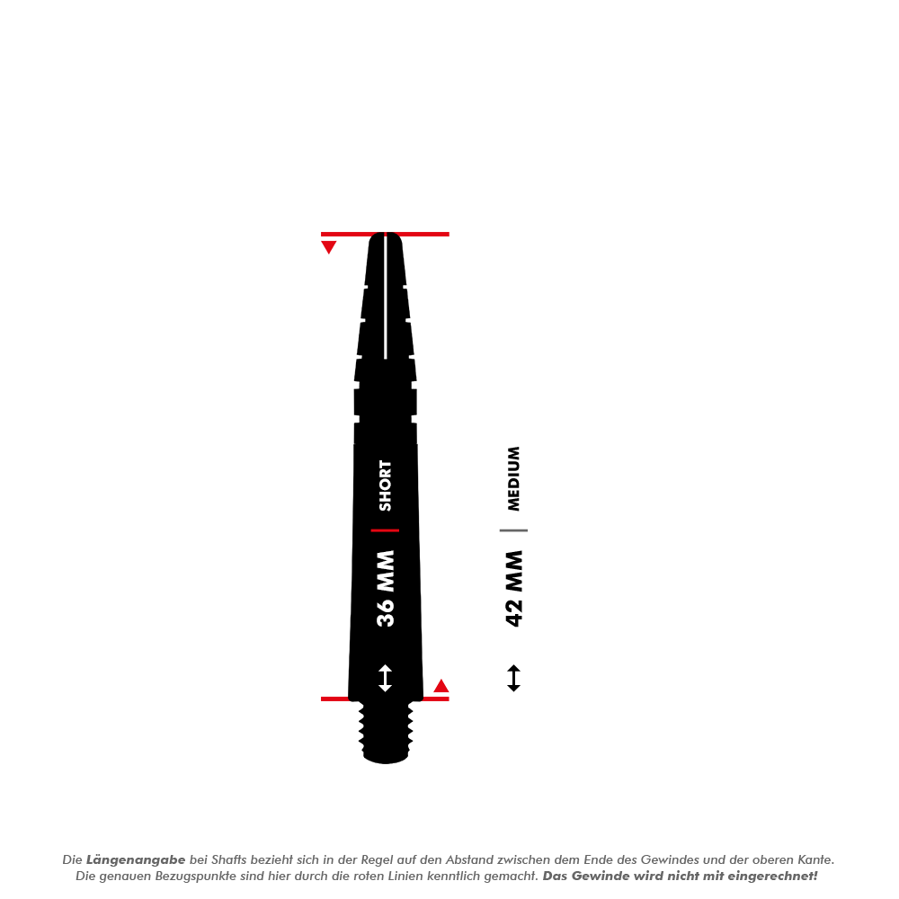 C634_Red_Dragon_Nitrotech_Gerwyn_Price_Shafts_5_36mm Das Bild zeigt zwei verschiedene Längen der Red Dragon Nitrotech Gerwyn Price White Shafts. Die kurze Version ist 36 mm und die mittlere Version ist 42 mm lang.