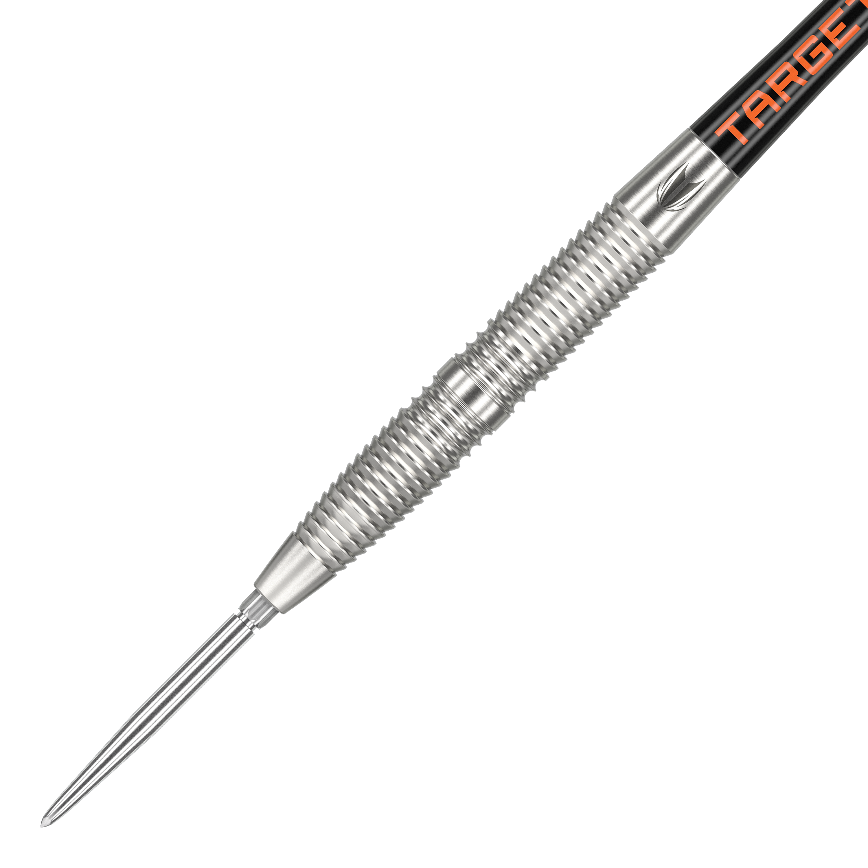 Target Crux 02 Swiss Point Steeldarts Das Bild zeigt den Target Crux 02 Swiss Point Steeldart. Der Dartpfeil hat eine silberne, geriffelte Oberfläche und eine spitze Metallspitze.