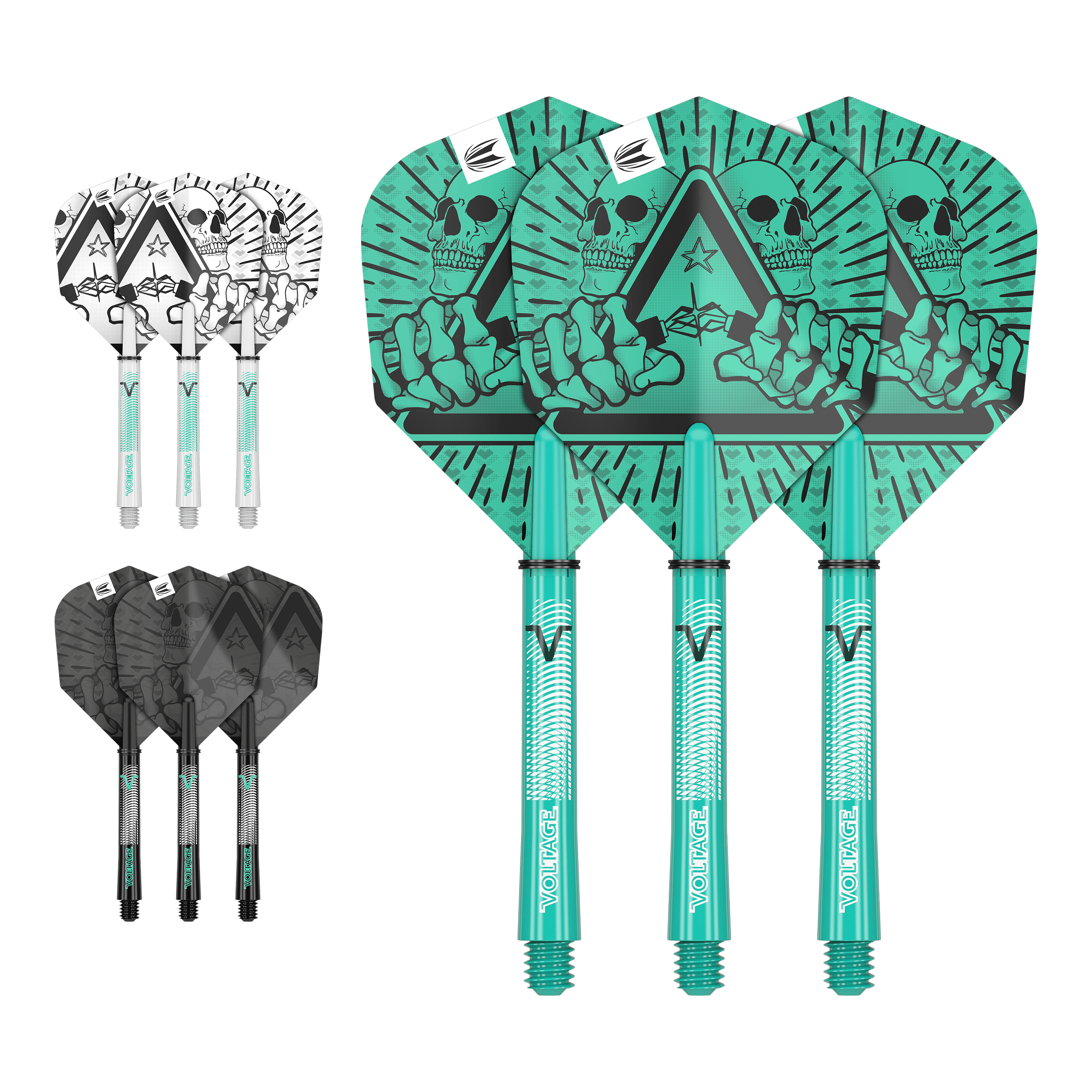Sada pro letovou hřídel Target Ink Rob Cross Das Bild zeigt drei Sätze von Dartflights und -schäften in unterschiedlichen Farben und Designs. Die größten Flights haben ein auffälliges grünes Motiv mit einem Totenkopf und einer Hand.