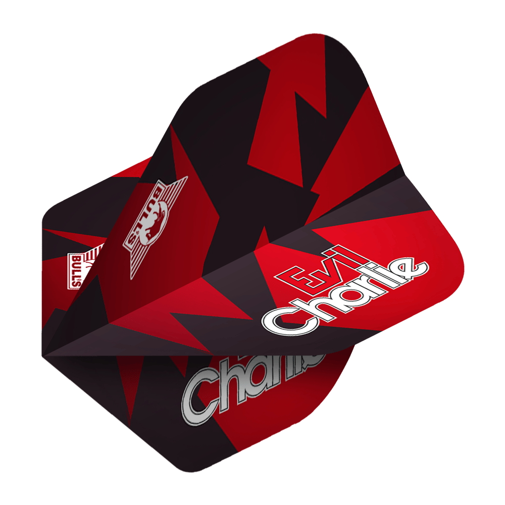 BU50862_Bulls_Powerflite_Sedlacek_Black_Red_No2_Standard_Flights_2 Das Bild zeigt die Bulls Powerflite Sedlacek Black Red No2 Standard Flights. Die Flights sind in den Farben Schwarz und Rot gestaltet und tragen die Aufschrift "Evil Charlie".