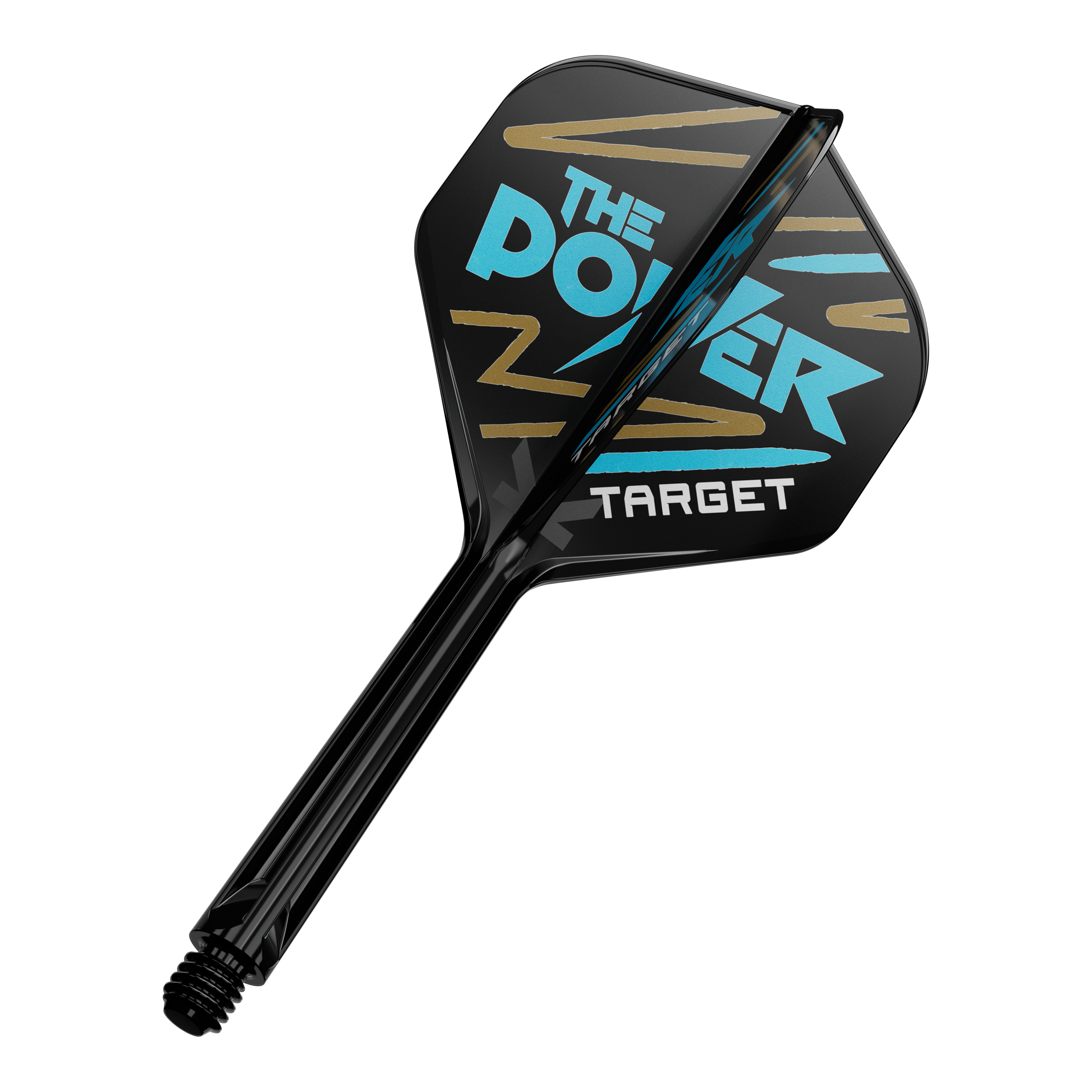 Systém standardní letové hřídele Target K-Flex Phil Taylor No2 Auf dem Bild ist ein Dartpfeil mit schwarzer Flight zu sehen. Auf der Flight steht in blauer und weißer Schrift "The Power" und "Target" mit goldenen Zierstreifen.