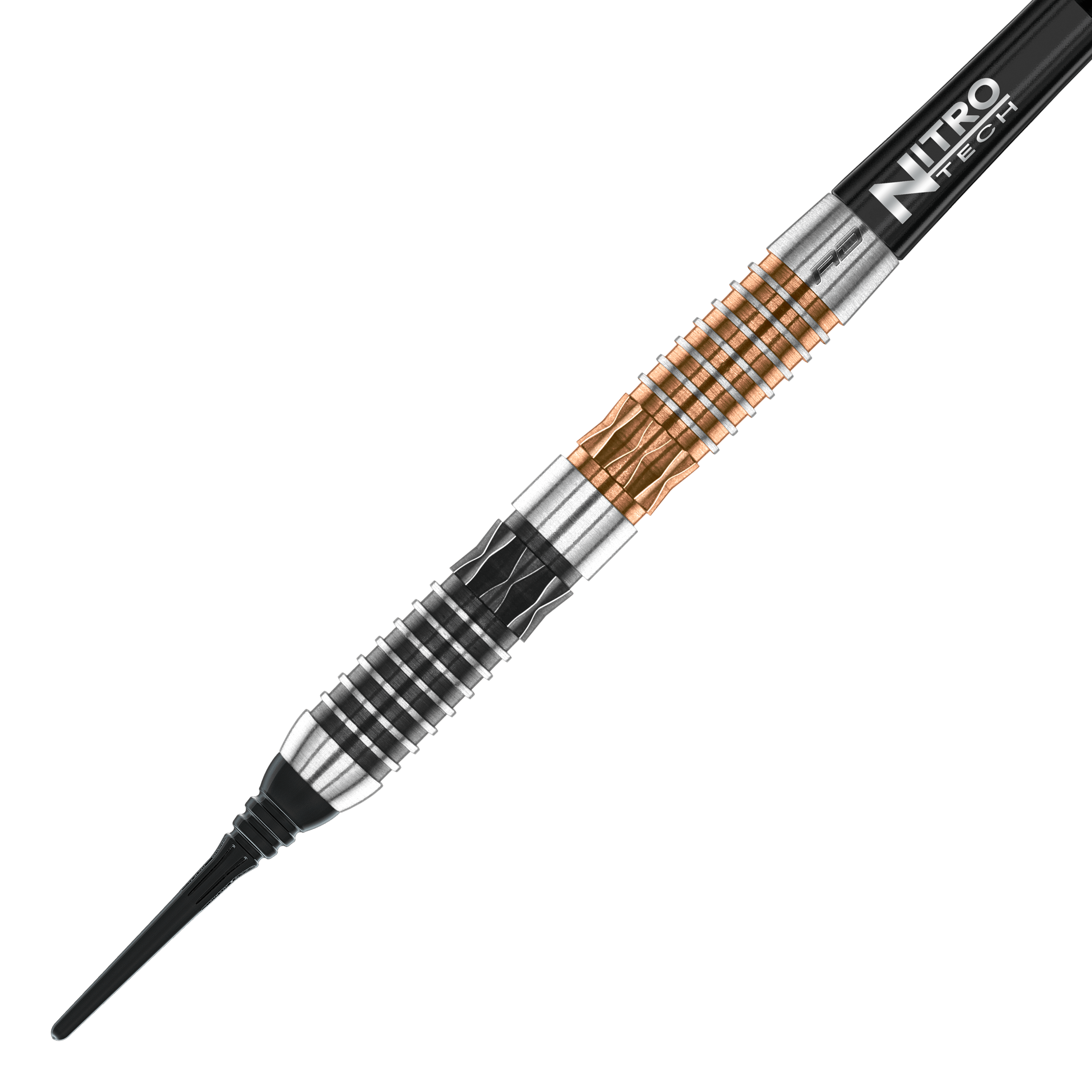 Měkké šipky Red Dragon Panterra - 20g Das Bild zeigt einen Red Dragon Panterra Softdart mit einem Gewicht von 20g. Der Dartpfeil hat ein auffälliges Design mit schwarzen, silbernen und bronzefarbenen Elementen.