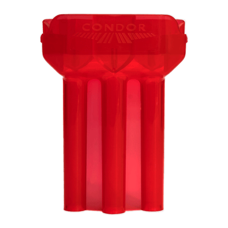 Pouzdro na šipky Condor DUAL Das Bild zeigt ein rotes, durchsichtiges Dart-Etui der Marke Condor. Das Etui hat drei längliche Fächer für Dartpfeile.