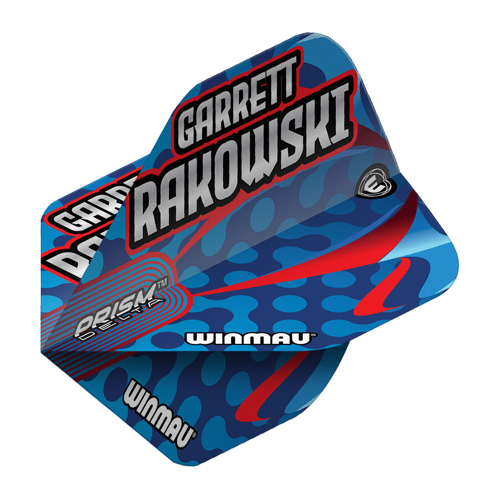 Standardní lety Winmau Prism Delta Garrett Rakowski Auf dem Bild ist ein Winmau Prism Delta Garrett Rakowski Standard Flight zu sehen. Das Design ist blau mit roten und hellblauen Akzenten und trägt den Namen "Garrett Rakowski".