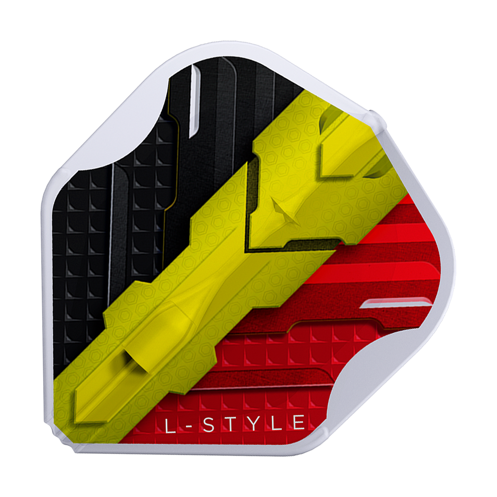 Dies ist ein Dartflight mit den Farben Schwarz, Gelb und Rot im Design der belgischen Flagge. Am unteren Rand steht in Weiß der Schriftzug "L-STYLE".