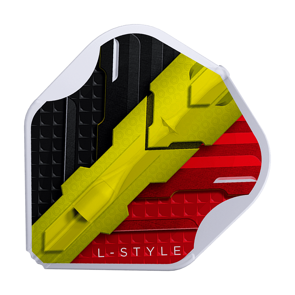 Letky L-Style V Series V1 Type C Belgium Clear White L1EZ Dies ist ein Dartflight mit den Farben Schwarz, Gelb und Rot im Design der belgischen Flagge. Am unteren Rand steht in Weiß der Schriftzug "L-STYLE".