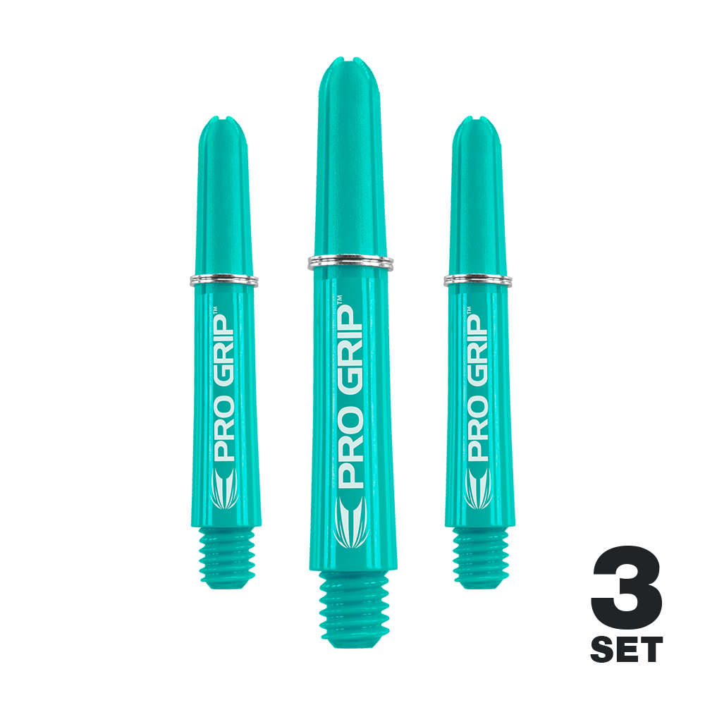 Target Pro Grip Shafts - 3 sady - Aqua Auf dem Bild sind drei aqua-blaue Pro Grip Shafts für Darts zu sehen. In der rechten unteren Ecke steht "3 SET".