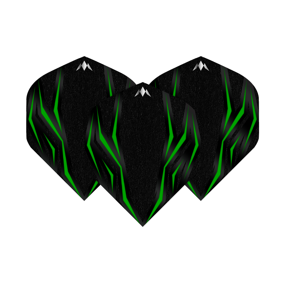 Standardní lety Mission Lava Green č. 2 Das Bild zeigt die Mission Lava Green No2 Standard Flights. Die Flights sind schwarz mit grünen, leuchtenden Linien und einem kleinen weißen Logo oben.