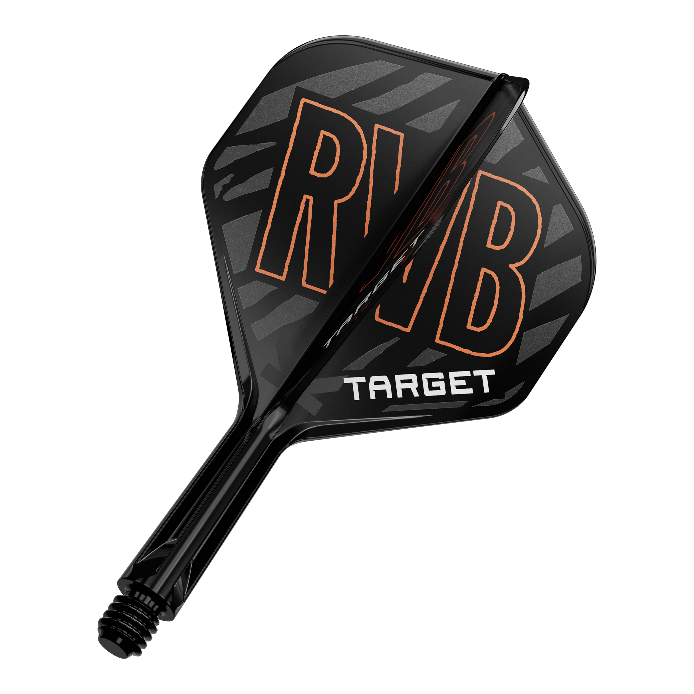 Targetový K-Flex Standardní letový hřídel Raymond Van Barneveld No2 Das Bild zeigt einen schwarzen Dartflight mit der Aufschrift "RVB" in orange. Darunter steht das Wort "TARGET" in weißen Buchstaben.