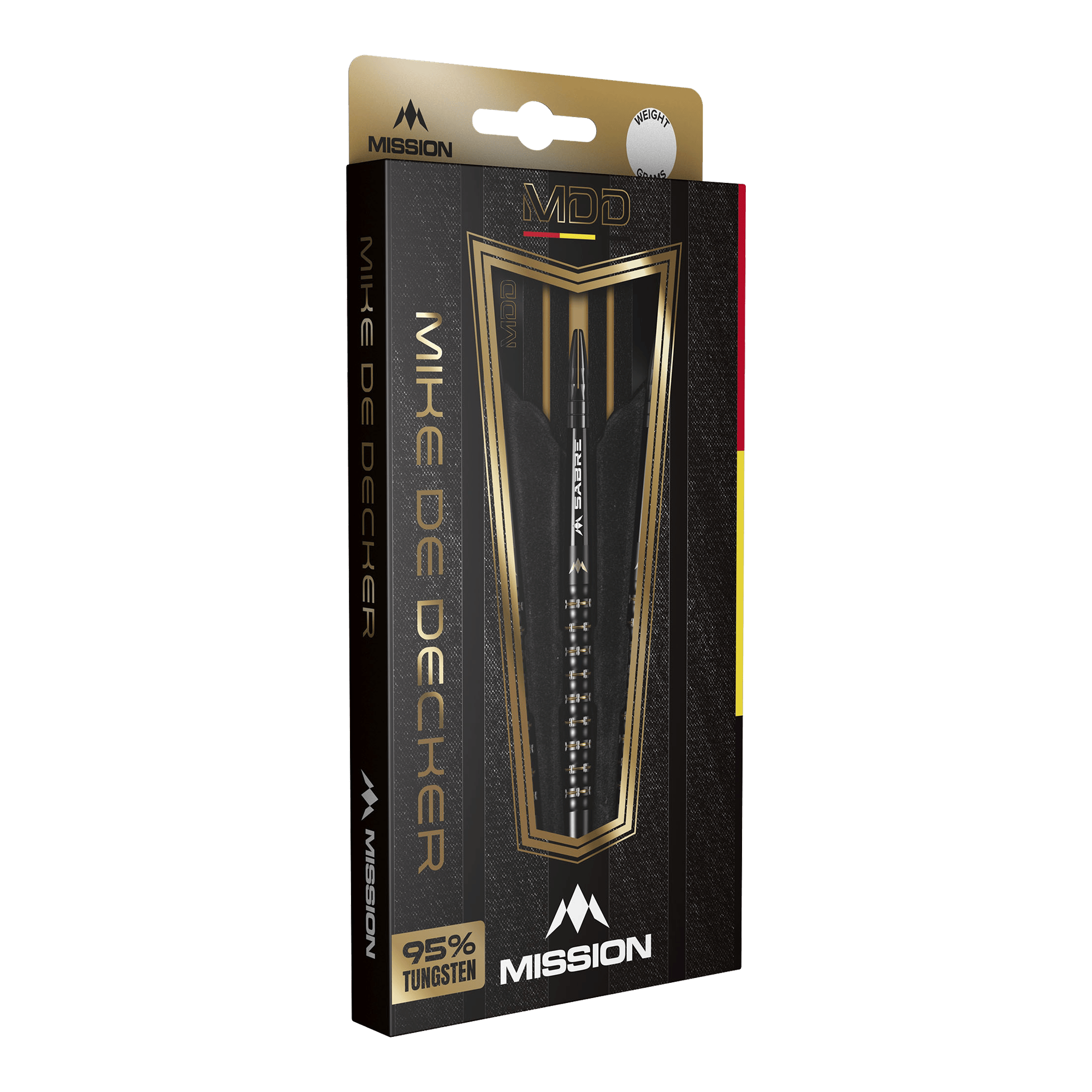 Šipky Mission Mike De Decker MDD Black Gold Soft - 20g Die Abbildung zeigt die Verpackung der "Mission Mike De Decker MDD Black Gold Softdarts - 20g". Die elegante Box hebt das Design der Darts sowie den hohen Tungsten-Anteil von 95 % hervor.